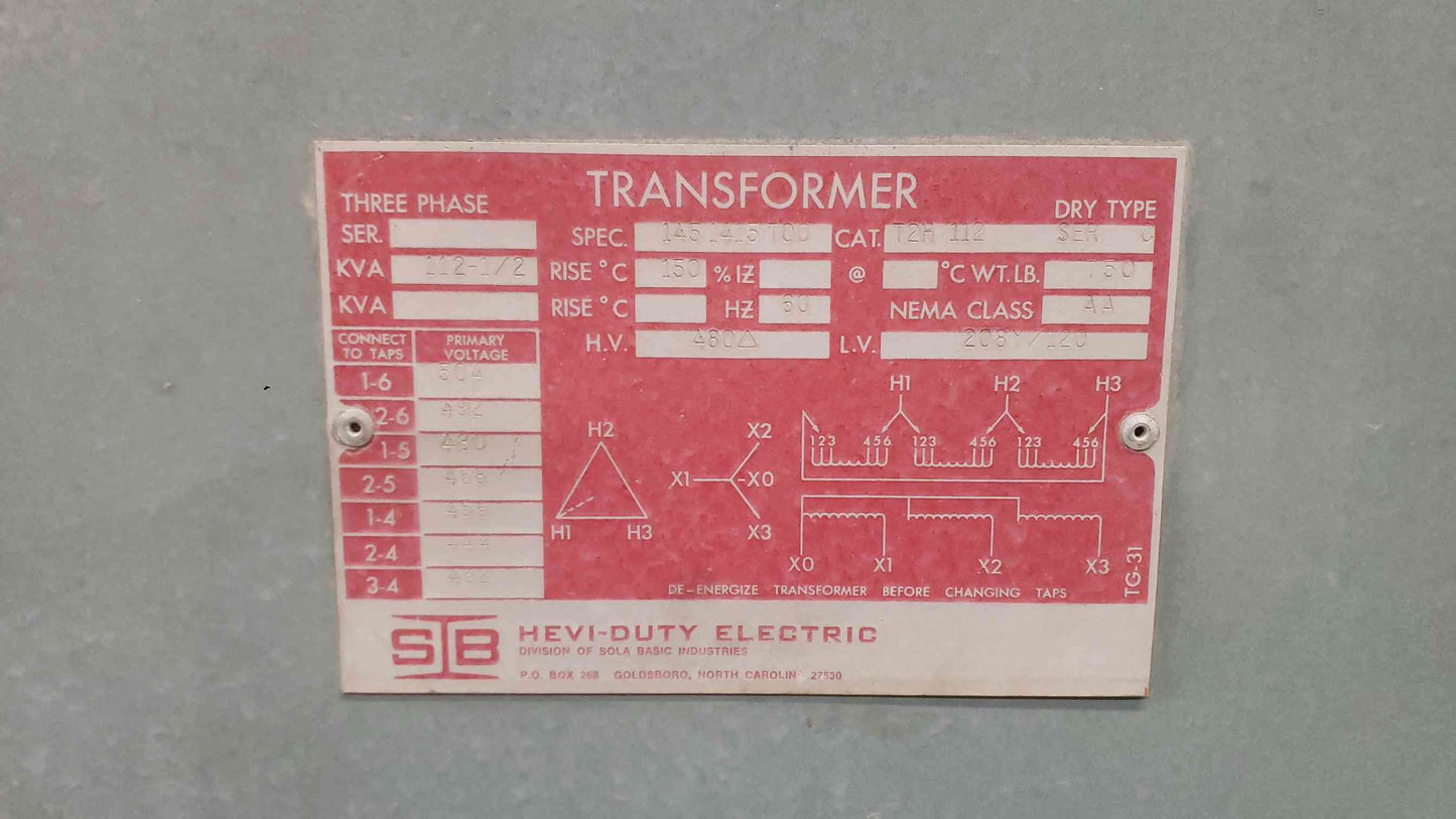 112.5KVA HEVI-DUTY 480v x 208Y/120v Dry Type Transformer T2H112 (SKU: 112144)