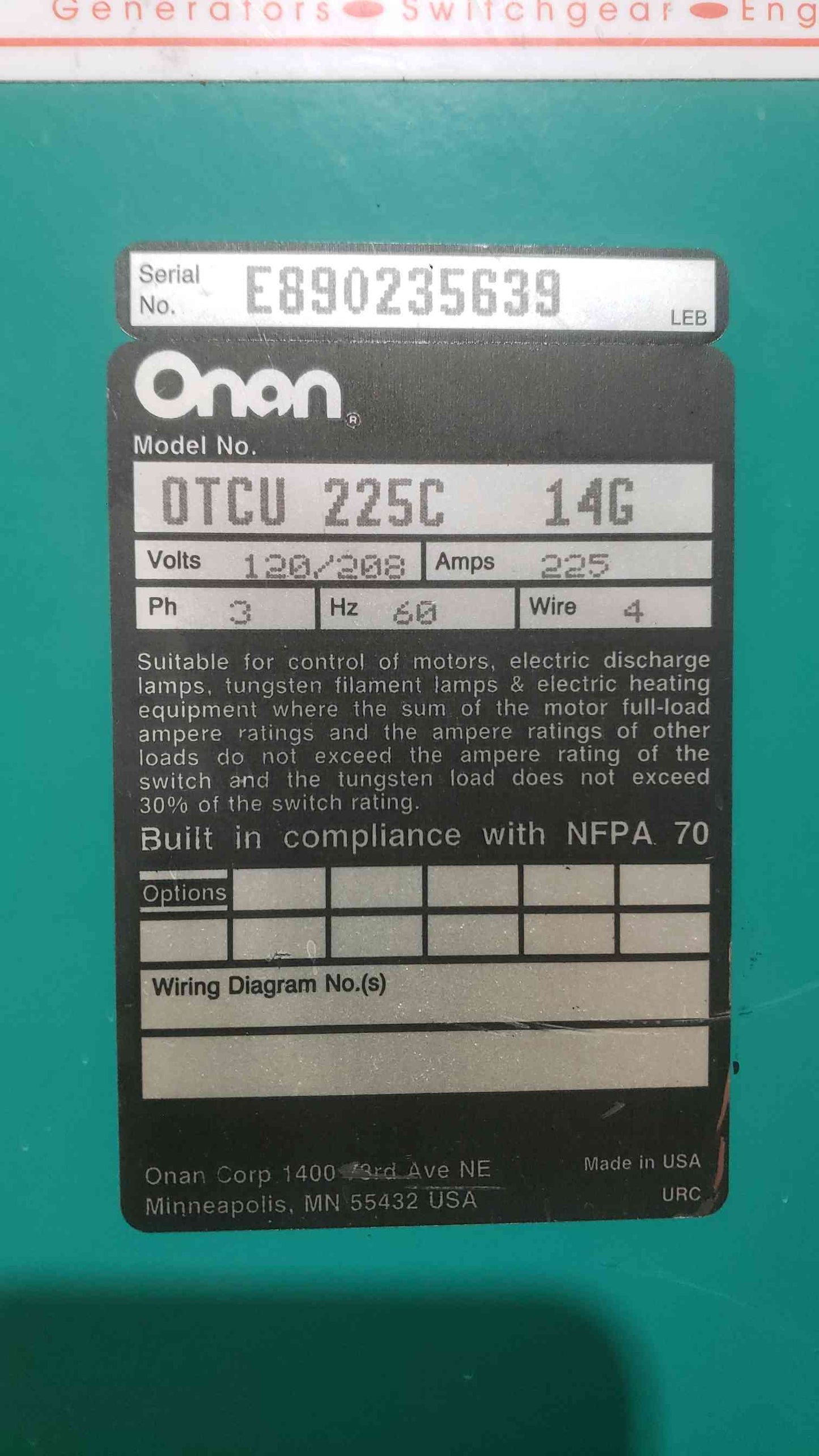 Onan 225A 120/208V 3PH 4W Automatic Transfer Switch ATS OTCU 225C 14G (SKU: 112164)
