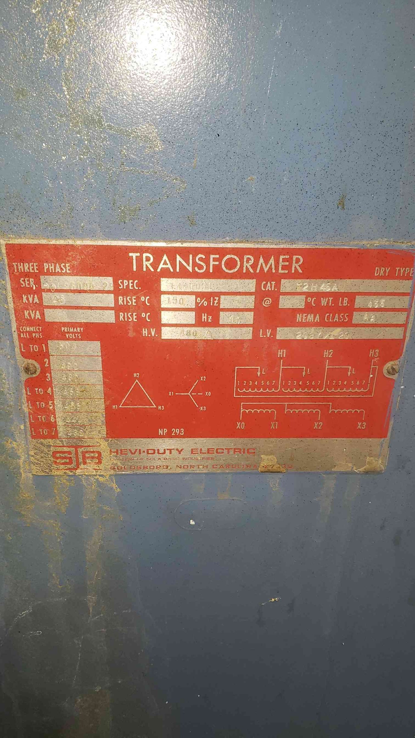 SB/HEVI-DUTY 45KVA 480v x 208Y/120v Class AA Dry Type Transformer T2H 45A (SKU: 112165)