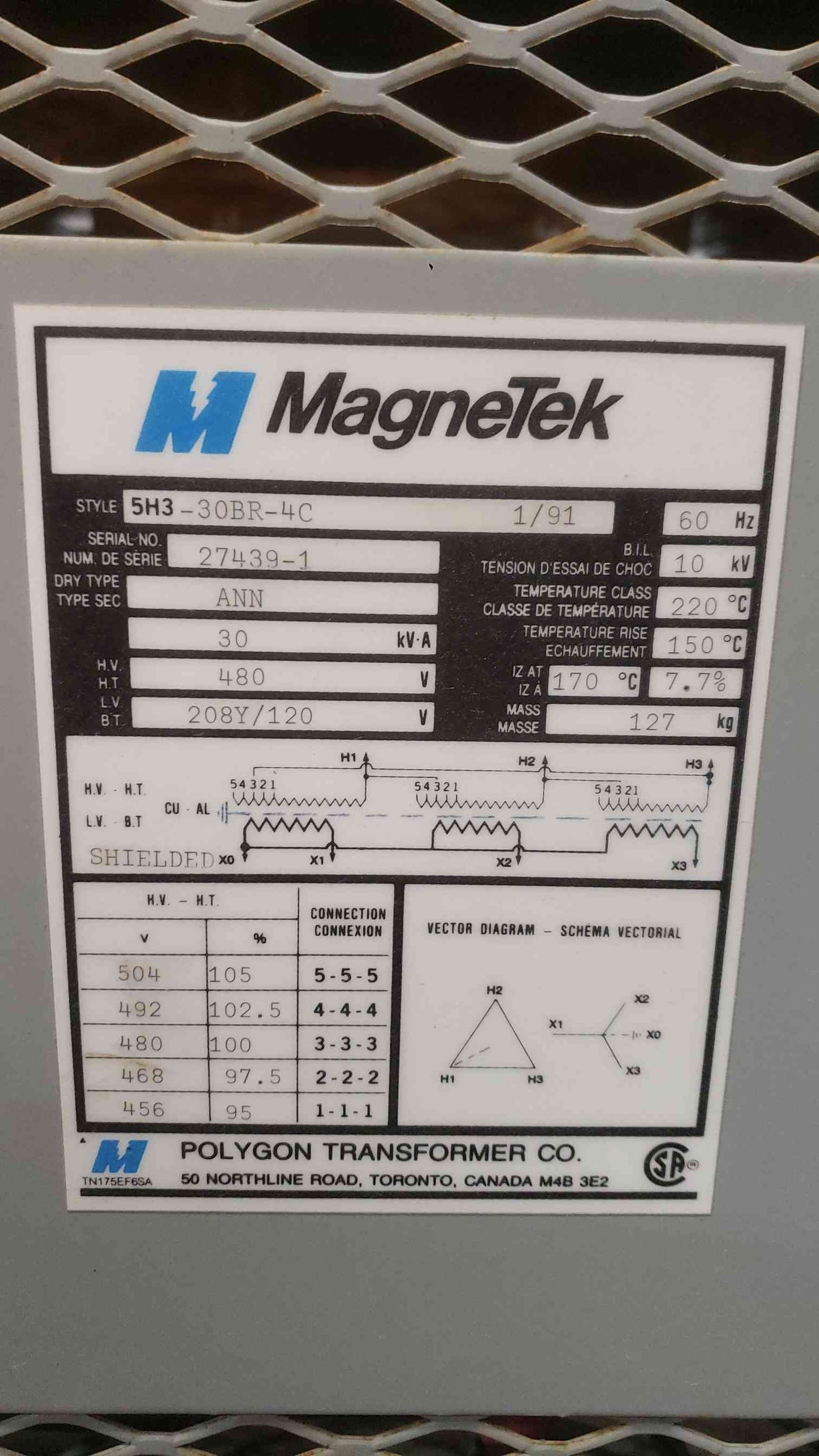 MagneTek 30KVA 480v x 208Y/120 Dry Type Transformer 5H3-30BR-4C (SKU: 112167)