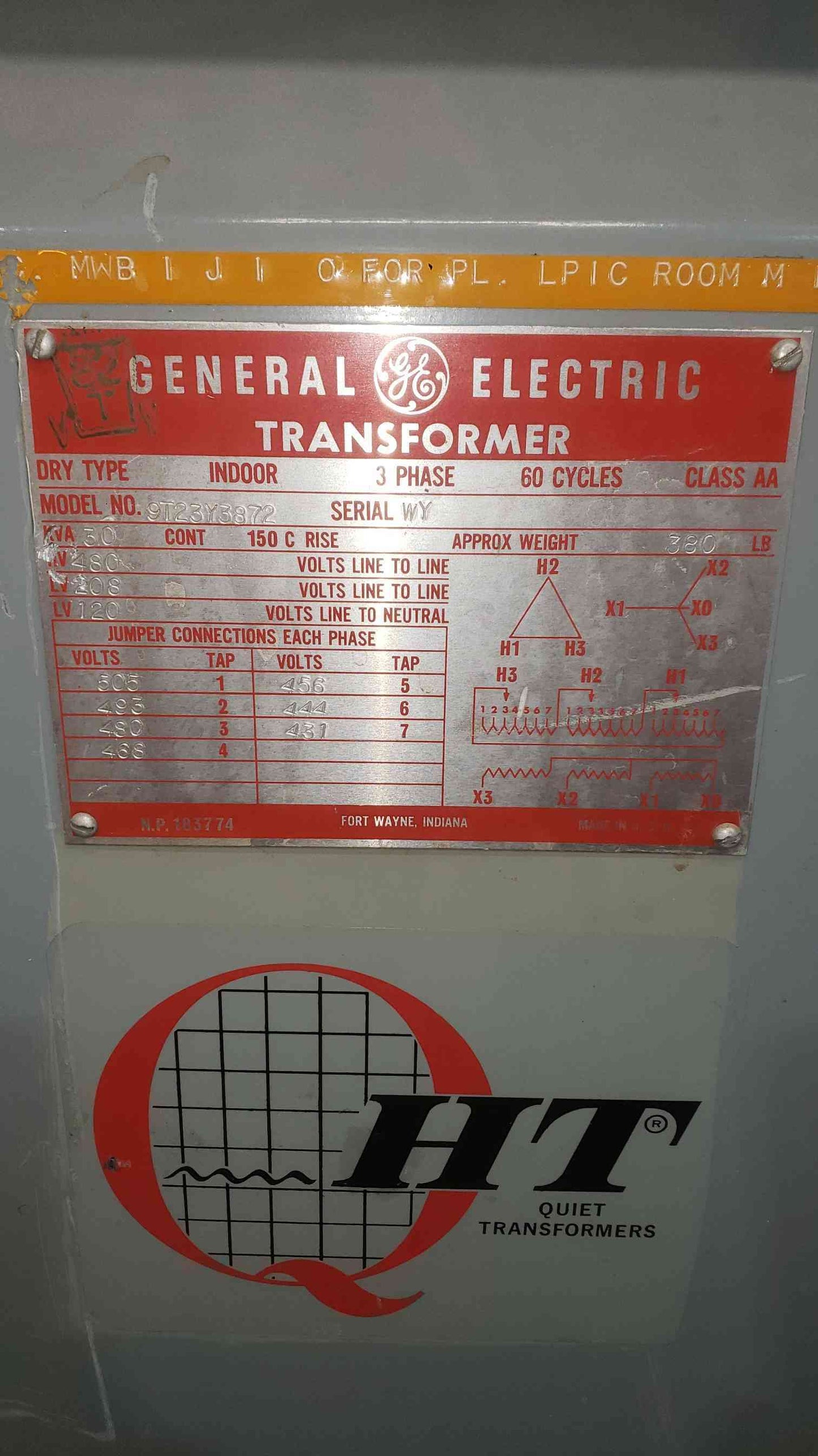 30KVA GE 480v x 208Y/120 3PH Class AA Transformer 9T23Y3872 (SKU: 112172)