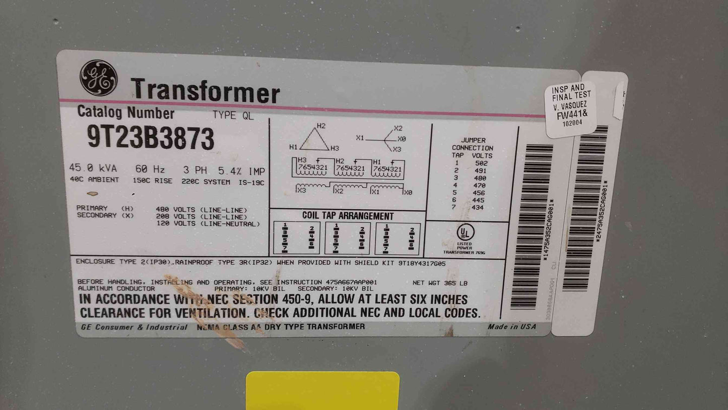 45KVA GE 480v x 208Y/120 3PH Transformer 9T23B3873 (SKU: 112174)