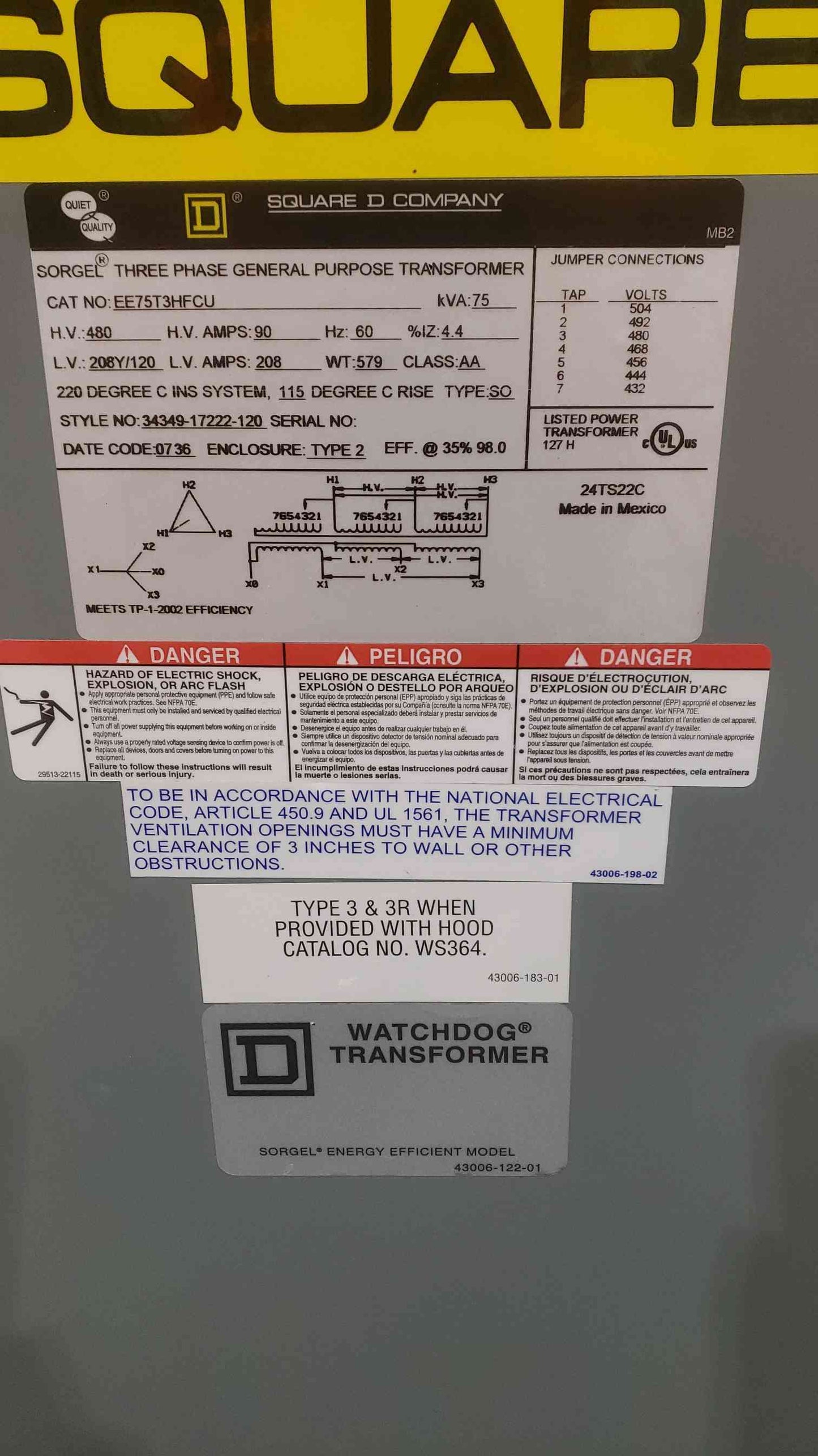 75KVA Square D 480v x 208Y/120 90/208A Class AA Transformer EE75T3HFCU (SKU: 112175)