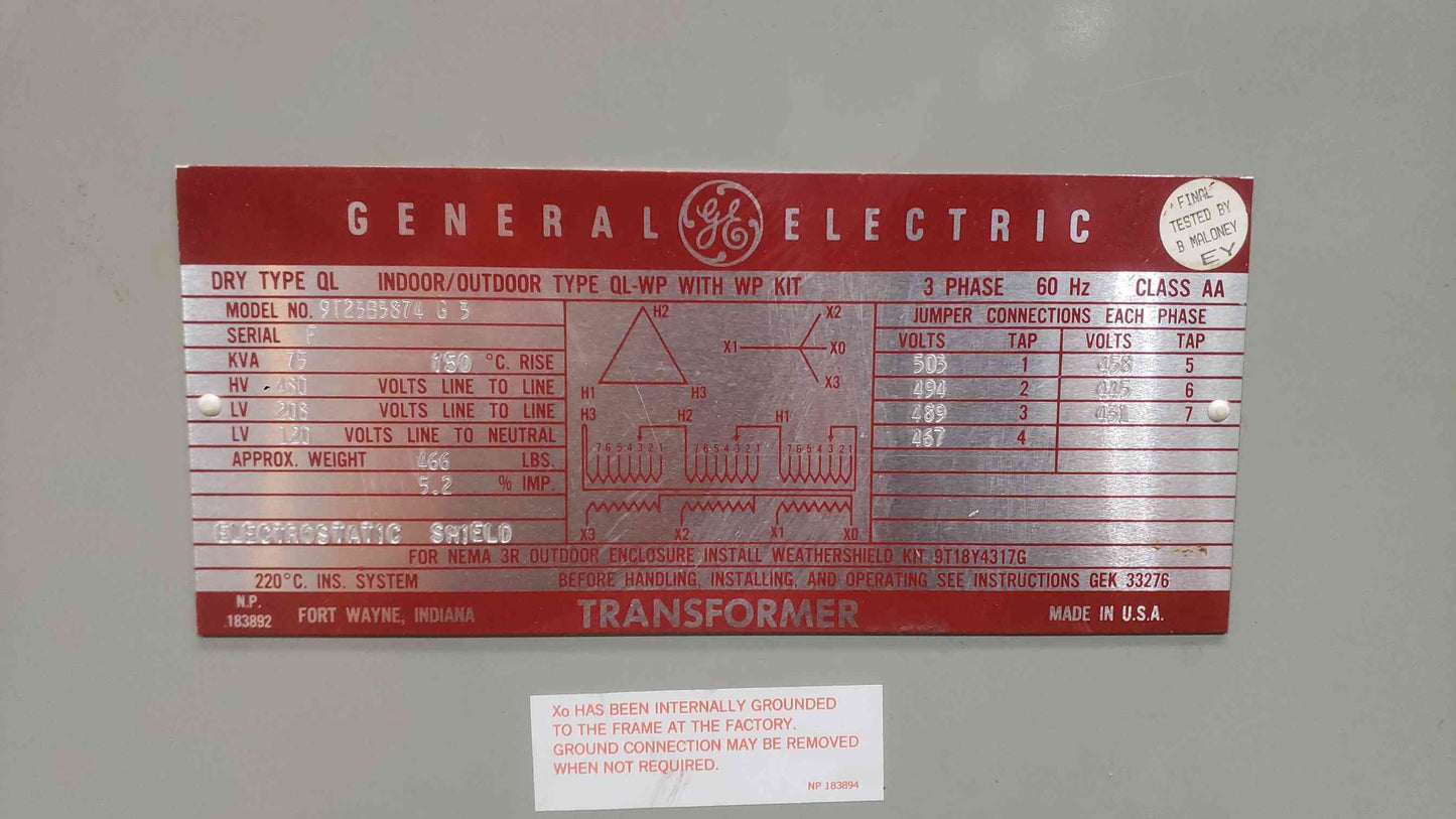 75KVA GE 480v x 208Y/120v 3PH Class AA Transformer 9T23B3874 G 3 (SKU: 112176)