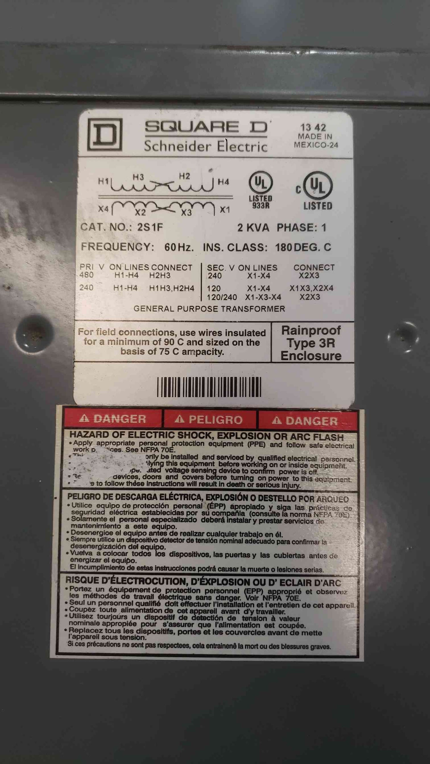Square D 2KVA 1PH 480-120/240 Transformer 2S1F and Outlets (SKU: 112194)