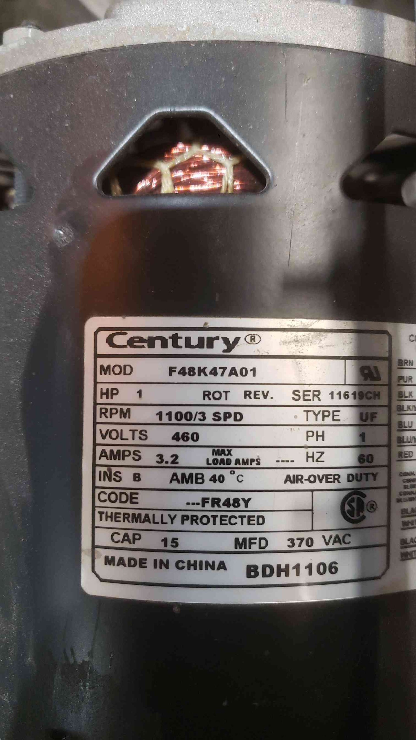 Century 1HP 460V 3.2A 1PH Motor F48K47A01 (SKU: 112228)