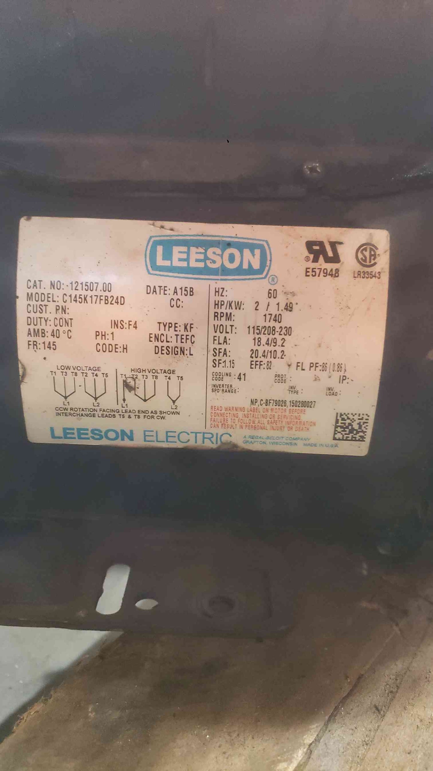 Leeson 2HP 115/208-230 1PH AC Motor C145K17FB24D (SKU: 112222)