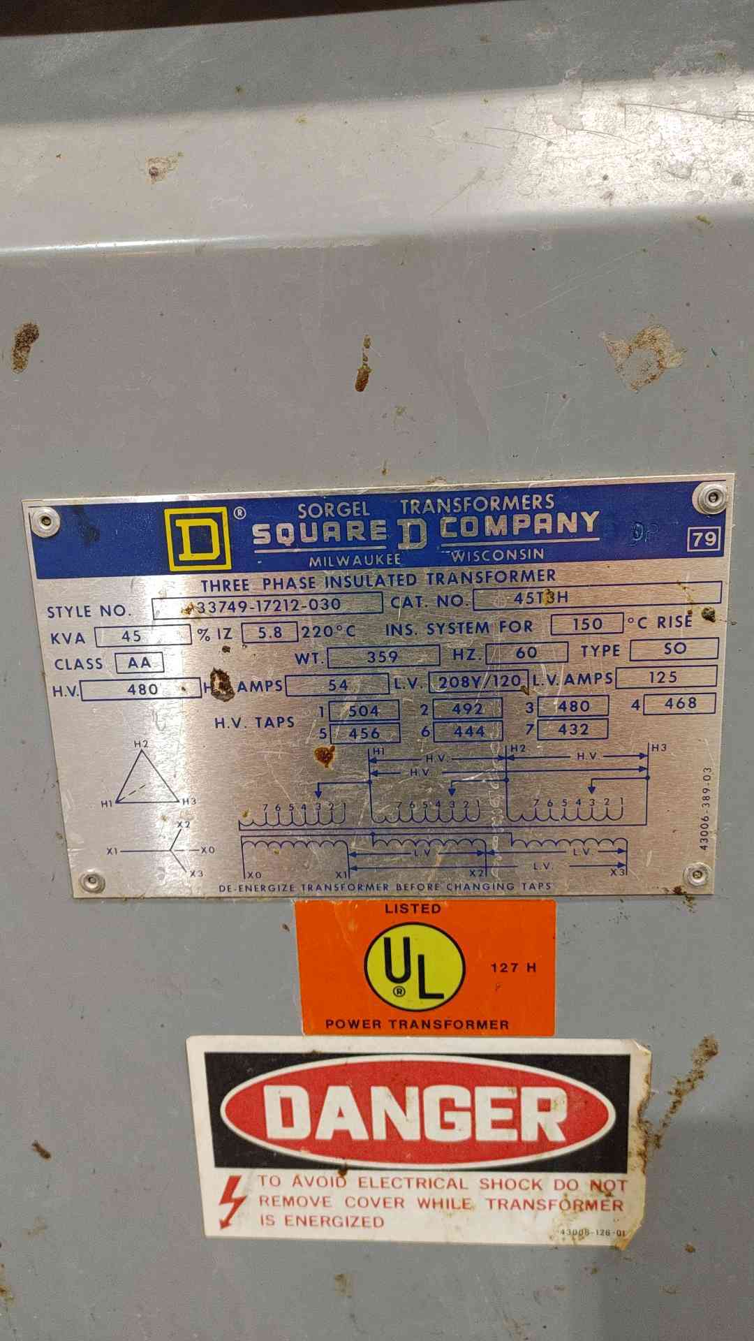 45KVA SQUARE D 480V x 208/120v 125A 3PH Insulated Transformer 45T3H (SKU: 112237)