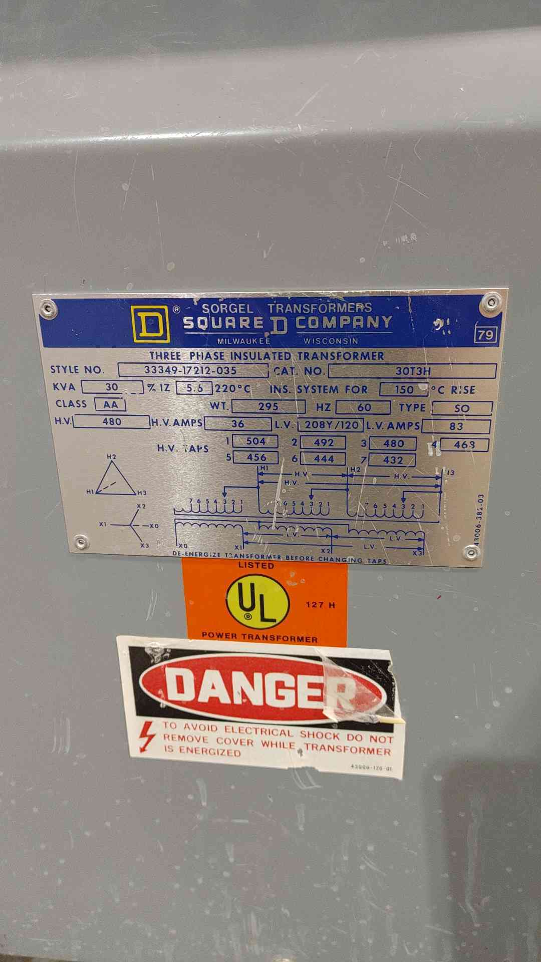 30KVA SQUARE D 480V x 208/120v 83A 3PH Insulated Transformer 30T3H (SKU: 112240)