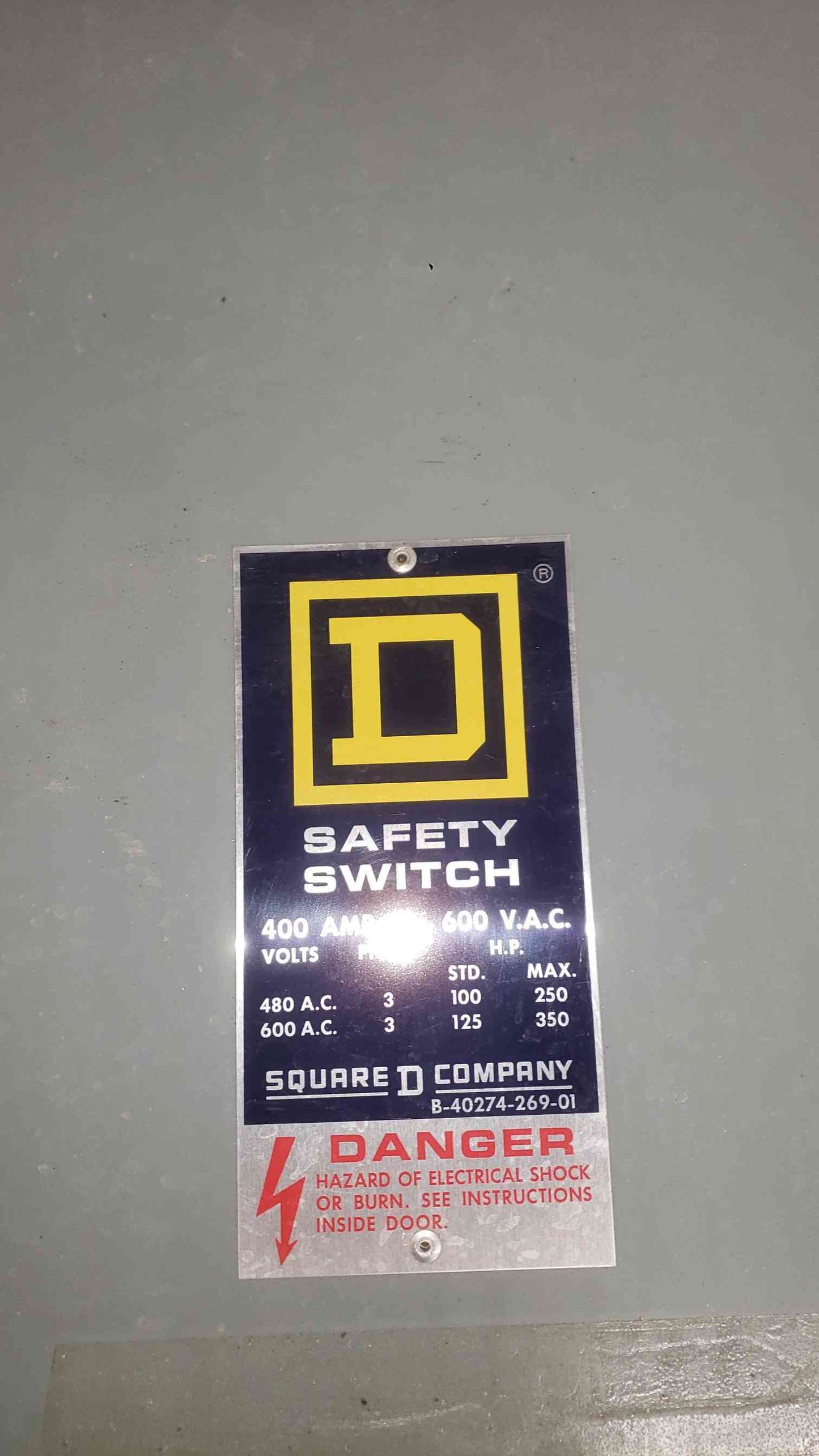 Square D 400A 600VAC 3PH Safety Switch H365N (SKU: 112279)
