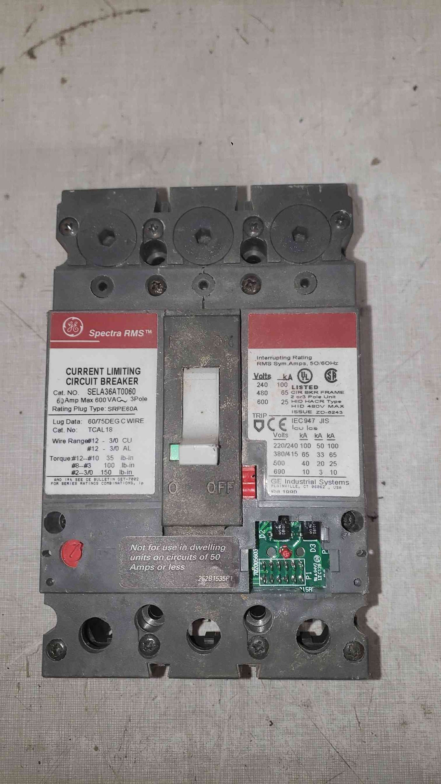 GE 60A 600VAC 3 Pole Breaker SELA36AT0060 No Trip Unit (SKU: 112282)