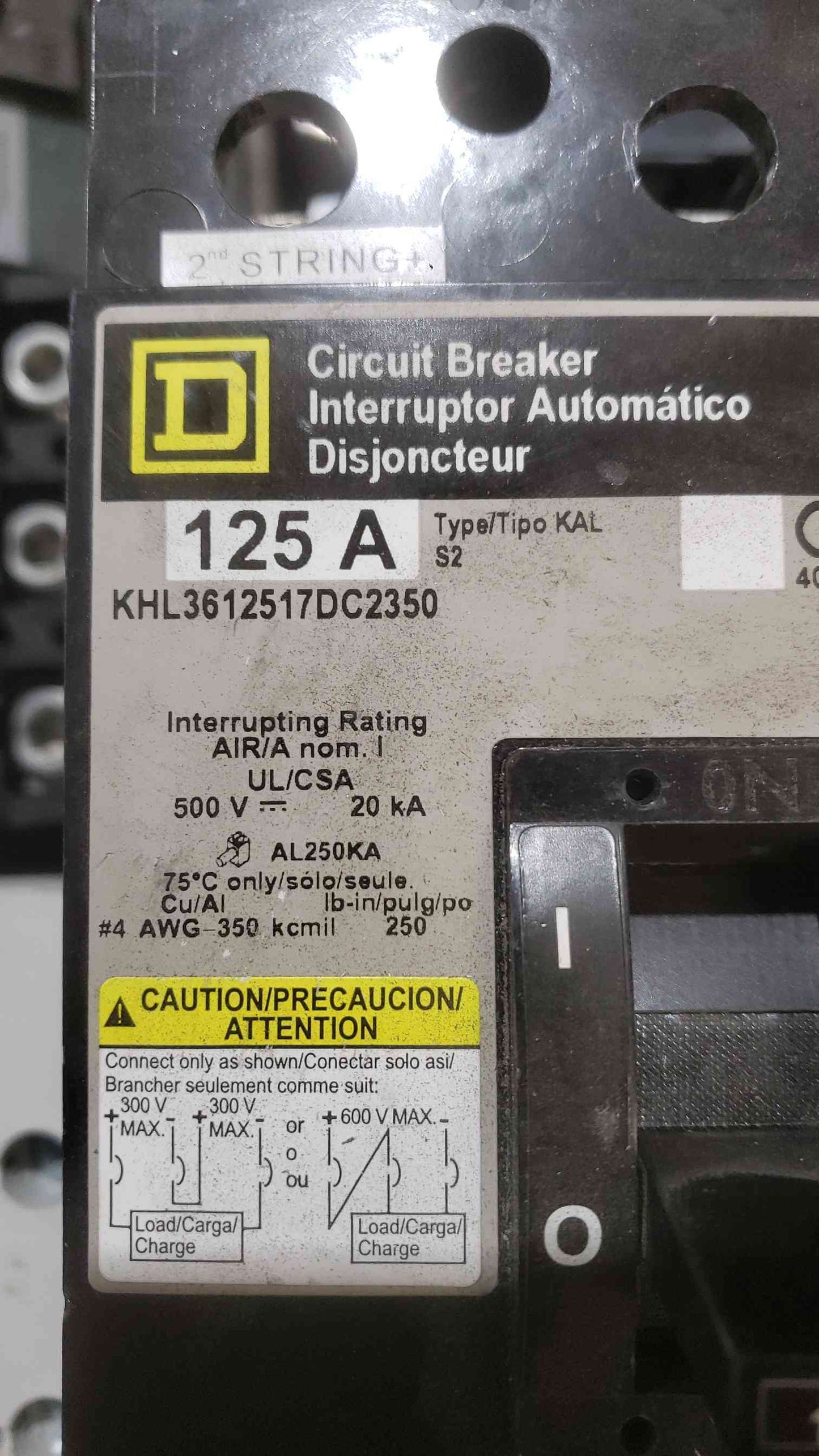 Square D 125A 500VAC 3 Pole Breaker KHL3612517DC2350 (SKU: 112288)