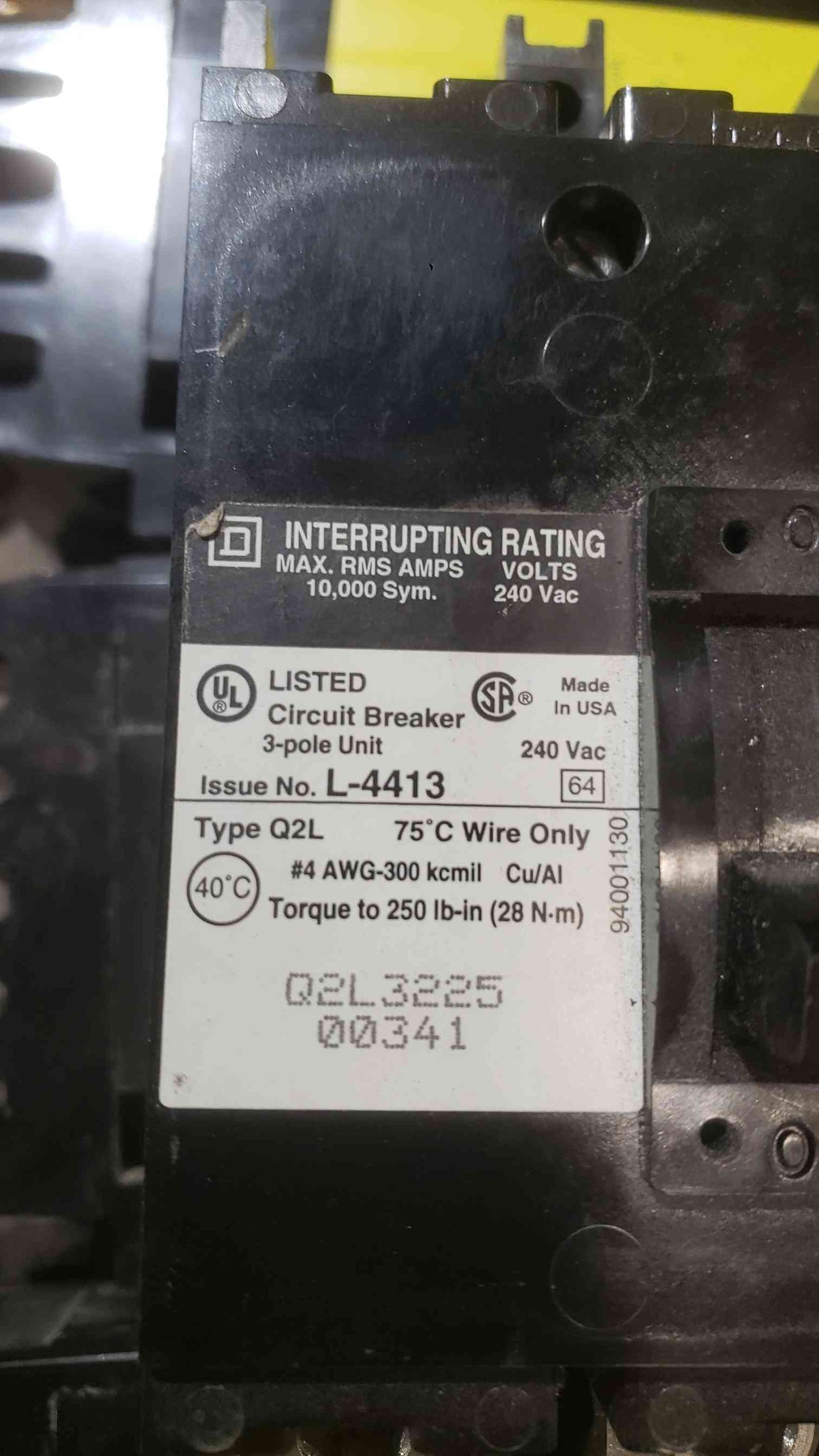 Square D 225A 240VAC 3 Pole Breaker Q2L3225 (SKU: 112289)