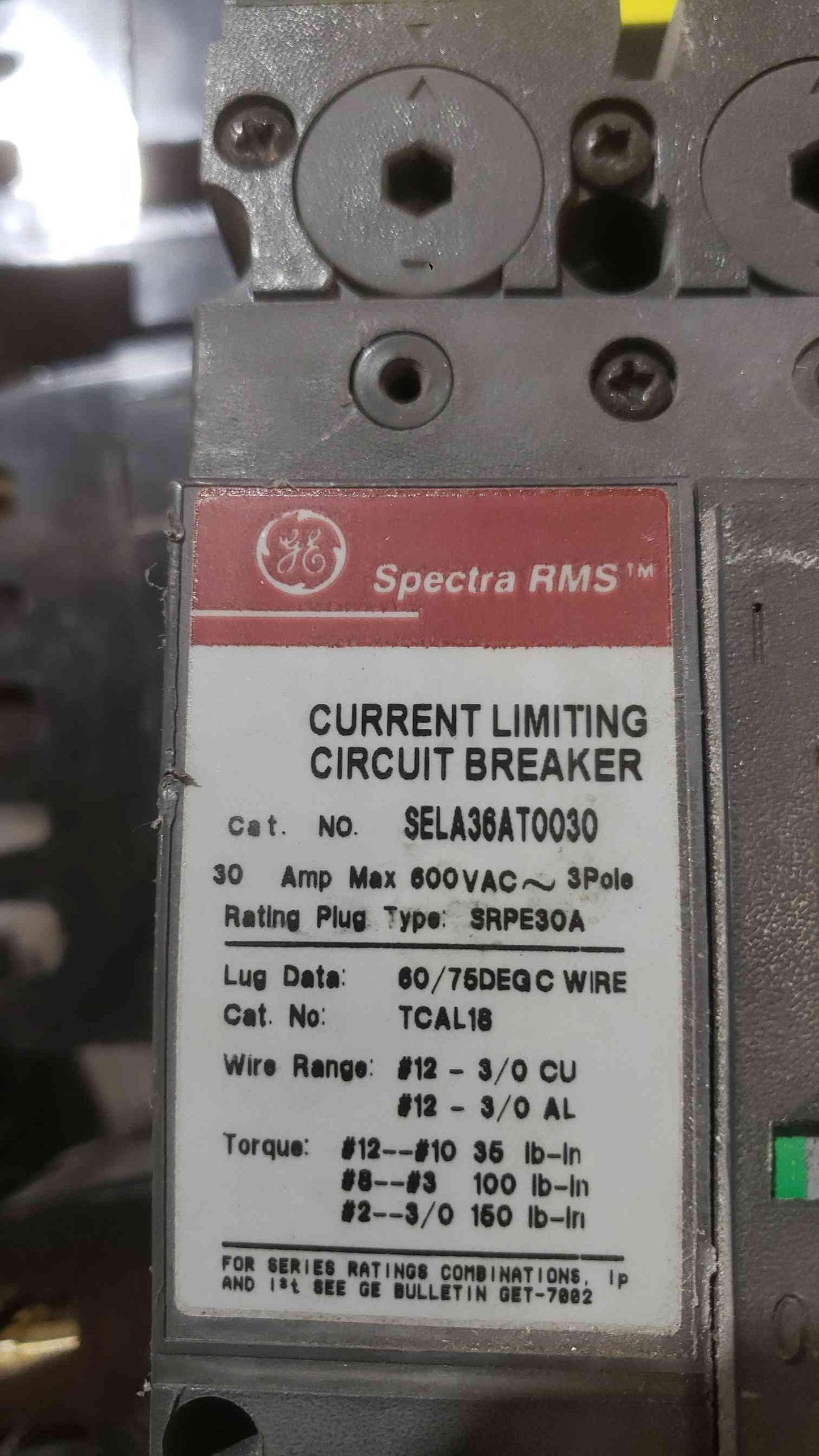 GE Spectra RMS 30A 600VAC 3 Pole Breaker SELA36AT0030(SKU: 112292)