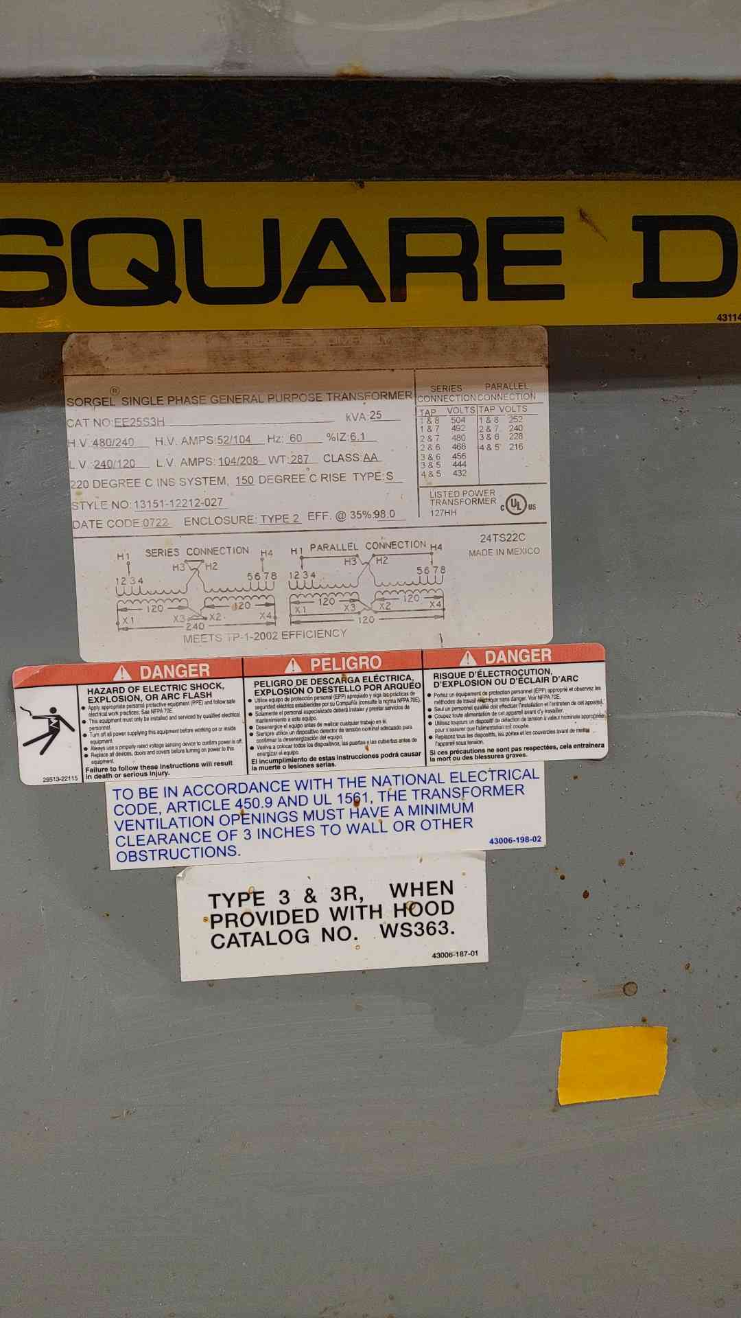 25KVA Square D 480/240V-240/120V 104/208A General Purpose Transformer EE25S3H(SKU: 112354)