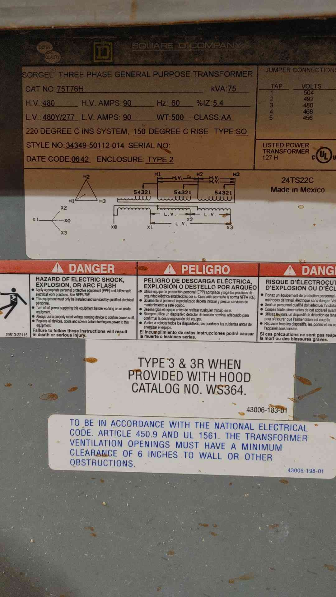 75KVA Square D 480v x 480/277V 90A 3PH General Purpose Transformer 75T76H(SKU: 112356)