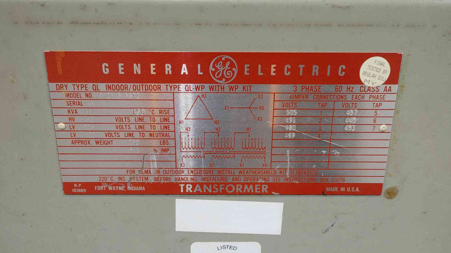 30KVA GE 480V x 208/120V 3PH Indoor/Outdoor Dry Type Transformer 9T23B3872(SKU:112342)