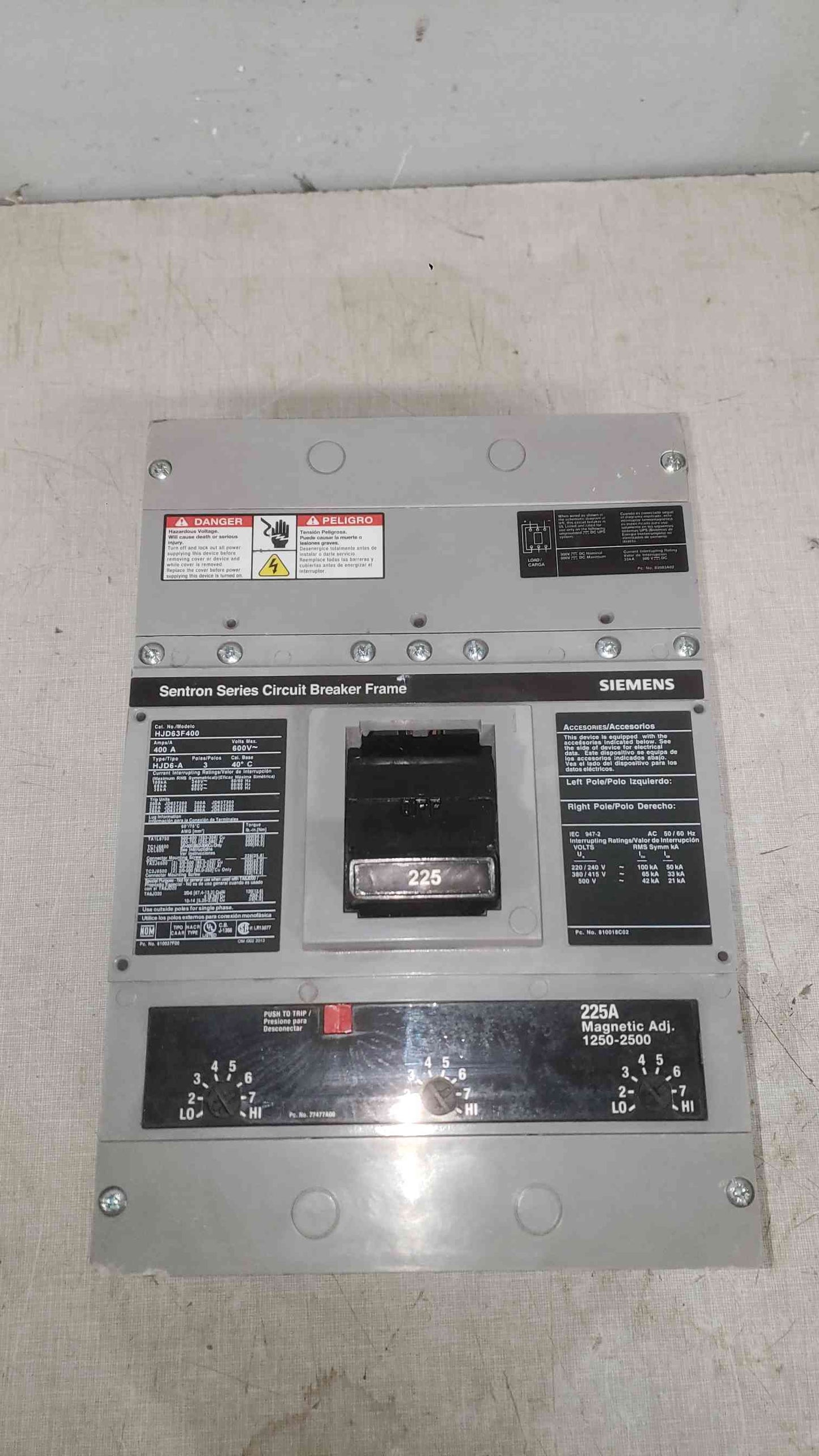 Siemens Sentron 400A Frame 225A Trip 3 Pole 600V Breaker HJD63F400 (SKU: 112359)