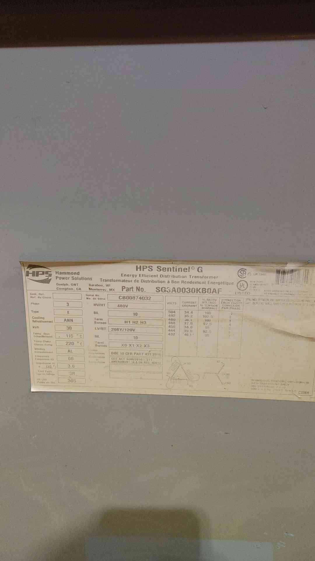 30KVA HPS 480v x 208Y/120V 3PH Energy Efficient Distribution Transformer SG3A0030KB0AF(SKU: 112363)