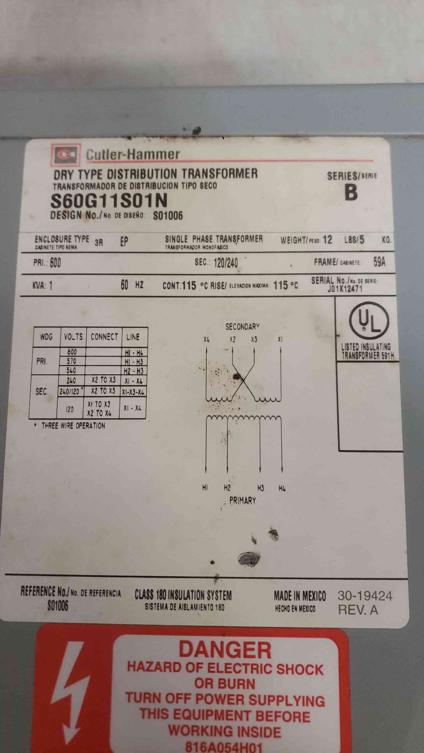 Cutler-Hammer 1KVA 600-120/240 1PH Transformer S60G11S01N (SKU: 112364)