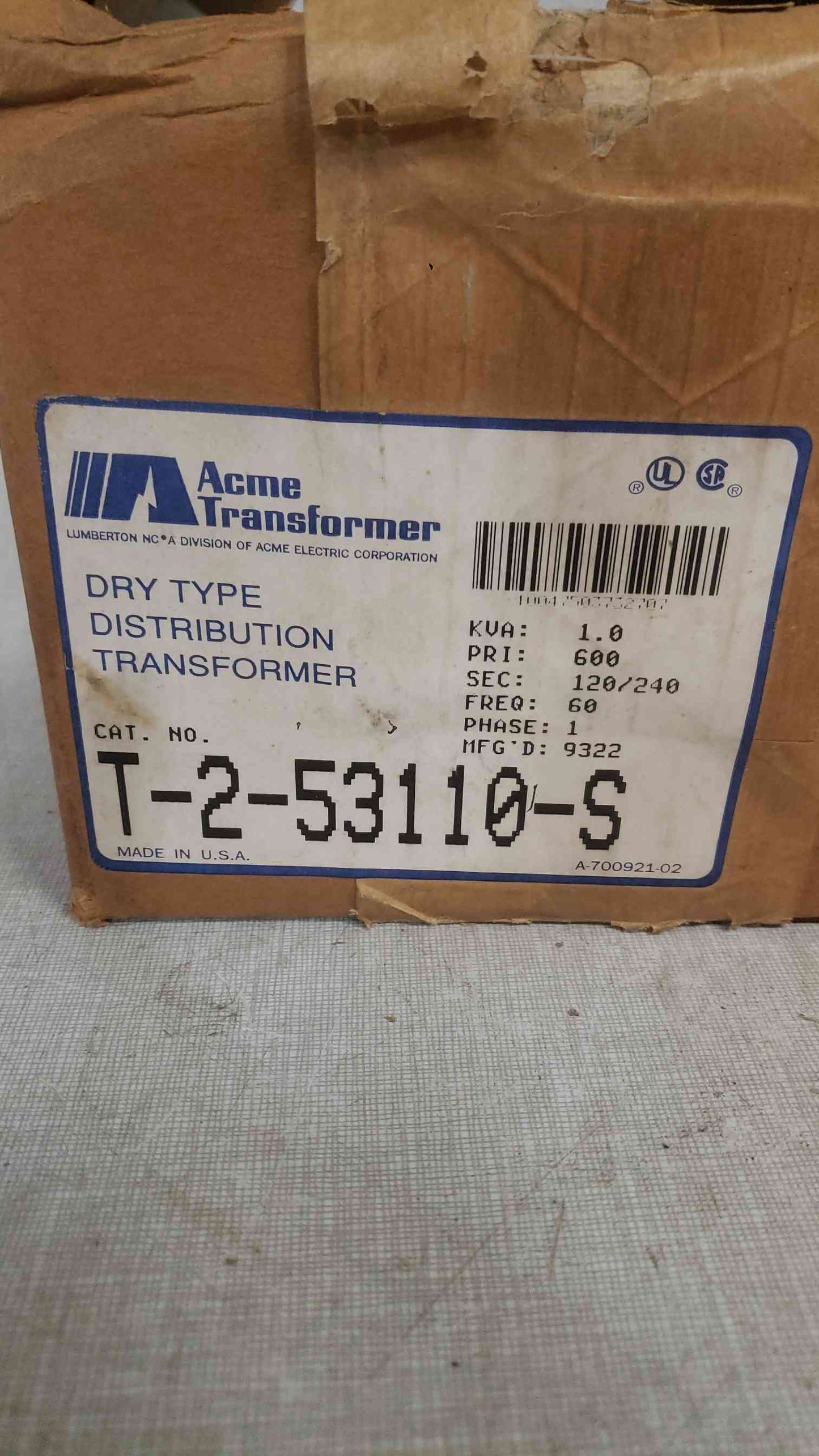 Acme 600-120/240 1KVA 1PH Transformer T-2-53110-S (SKU: 112365)
