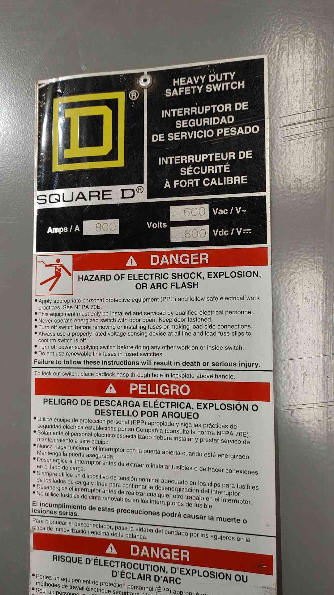 SQUARE D 800A 600V Heavy Duty Safety Switch H367N(SKU: 112377)