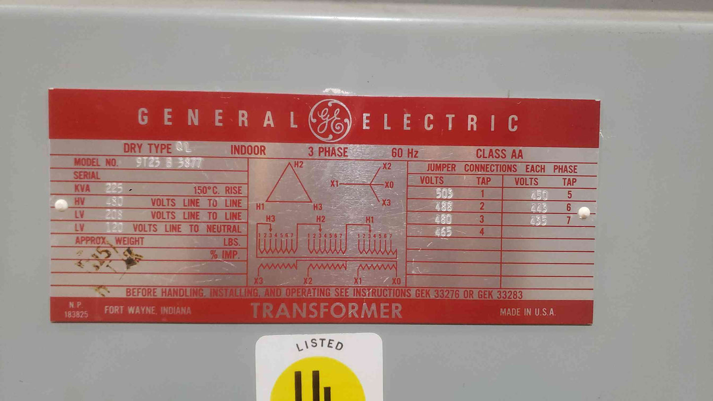 225KVA GE 480v x 208/120 3PH Dry Type Transformer 9T23B3877 (SKU: 112375)