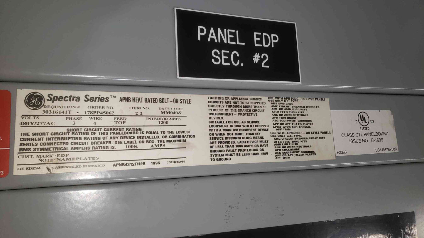 GE Spectra Series 1200A 480/277VAC 3PH 4W Panelboard 3 Breakers (SKU: 112399)