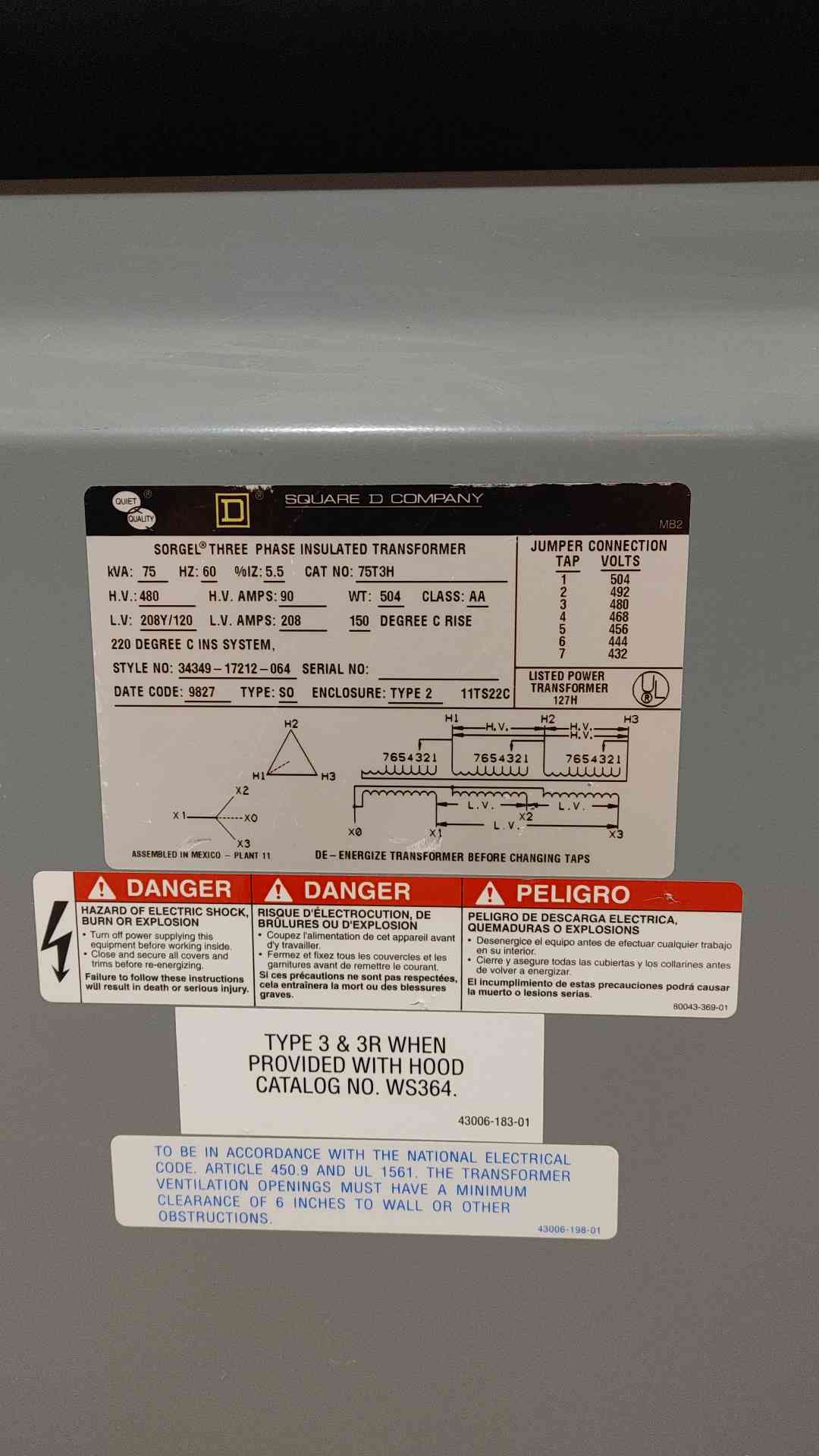 75kVA Square D 480v x 208/120V 208A 3PH Insulated Transformer 75T3H(SKU: 112420)