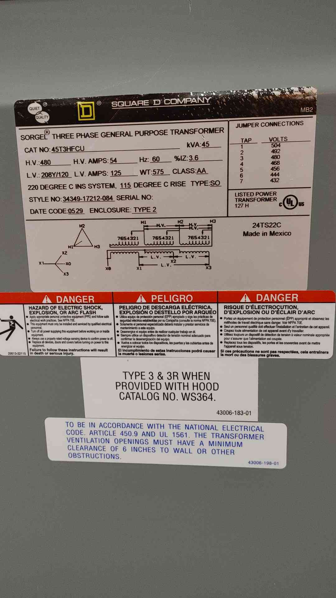 45kVA Square D 480v x 208/120V 125A 3PH General Purpose Transformer 45T3HFCU(SKU: 112421)