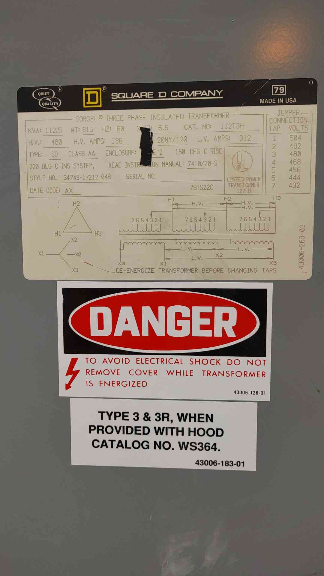 112.5kVA 480-208/120V 312A 3PH Insulated Transformer 112T3H(SKU: 112422)