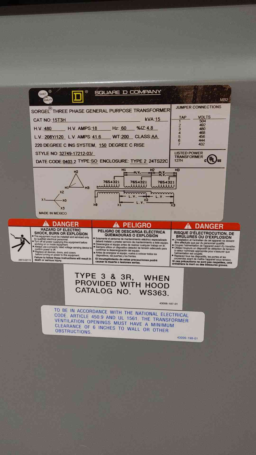Square D 15kVA 480v x 208/120V 41.6A 3PH General Purpose Transformer 15T3H(SKU: 112424)