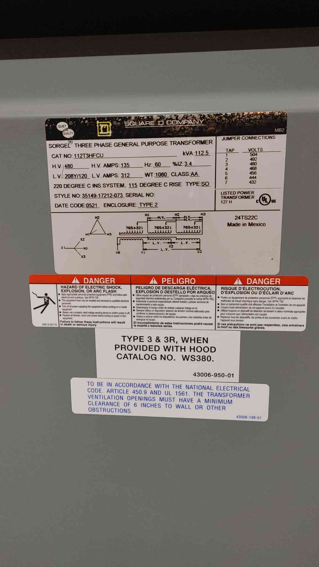 112.5kVA Square D 480v x 208/120V 312A 3PH General Purpose Transformer 112T3HIFCU(SKU: 112411)