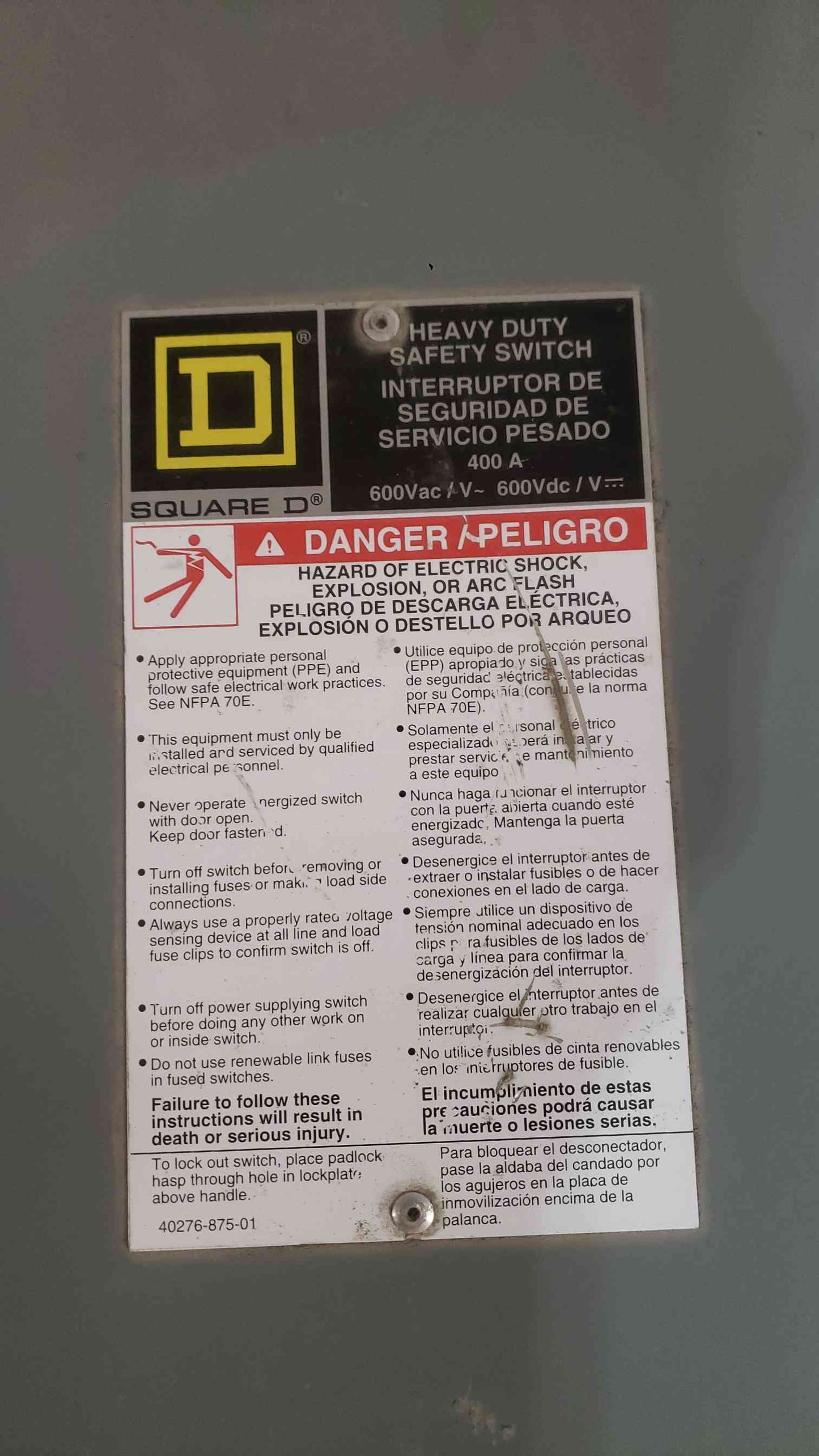 Square D 400A 600VAC Heavy Duty Safety Switch HU365R (SKU: 112427)