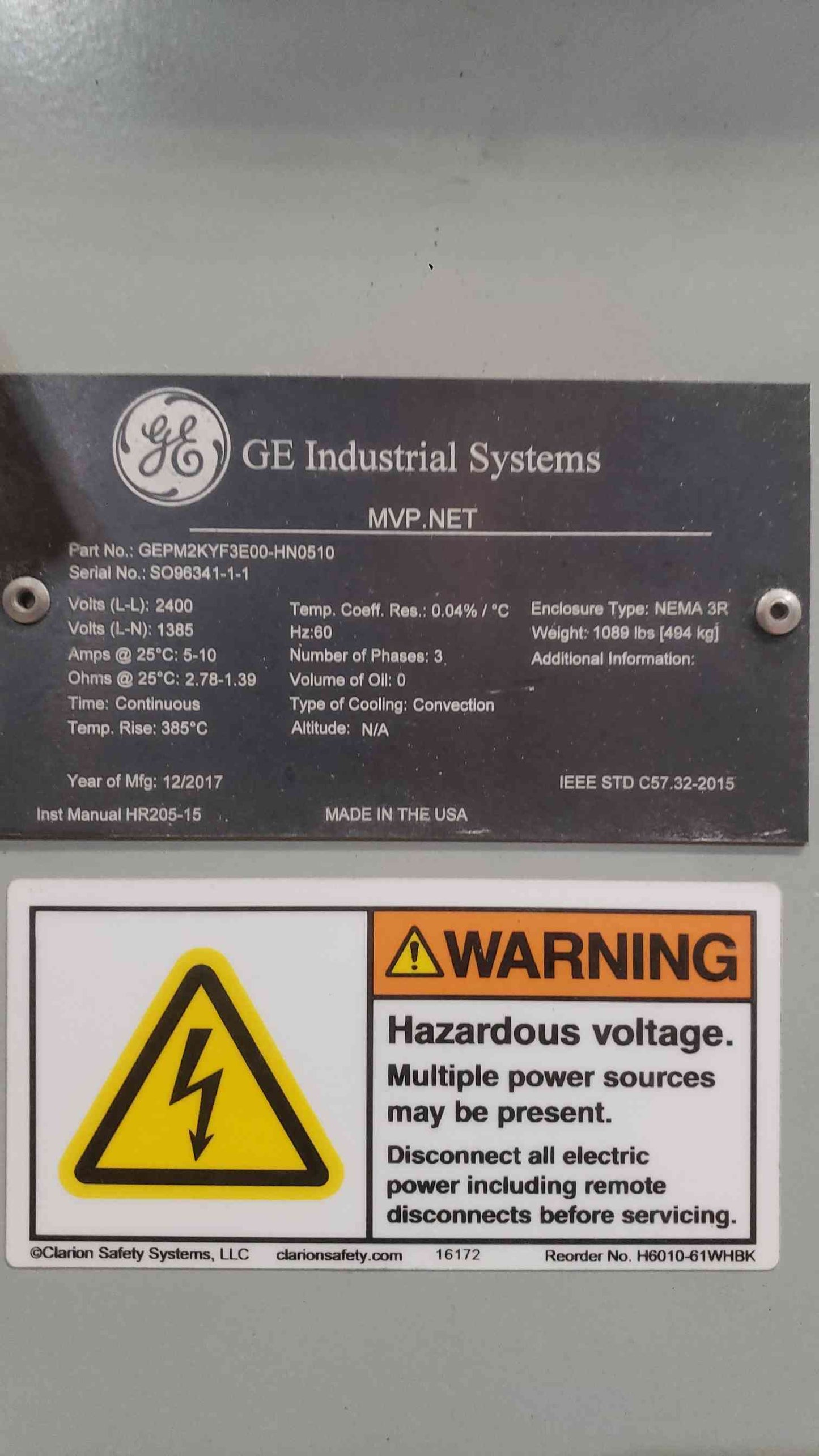 GE Industrial High Resistance Grounding System 2400V/1385V GEPM2KYF3E00-HN0510 (SKU: 112458)
