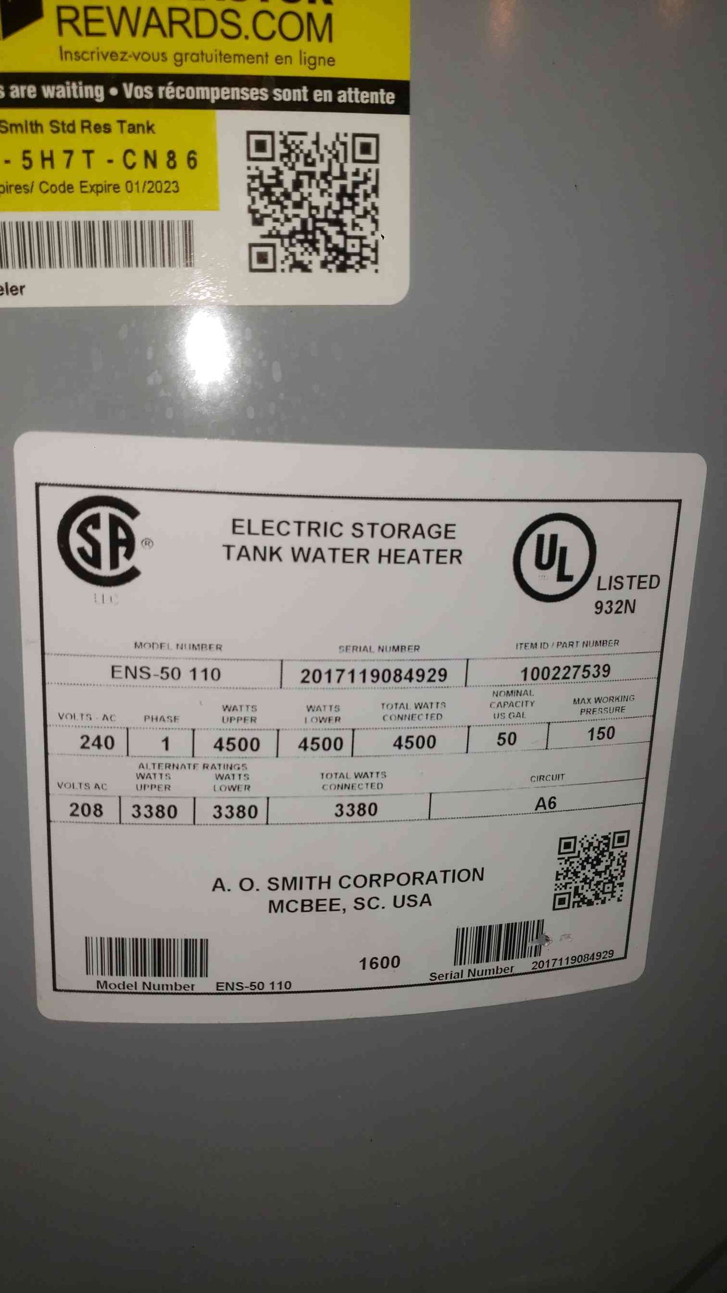 A.O. SMITH 240VAC 1PH Electric Storage Tank Water Heater ENS-50-110 (SKU: 112454)