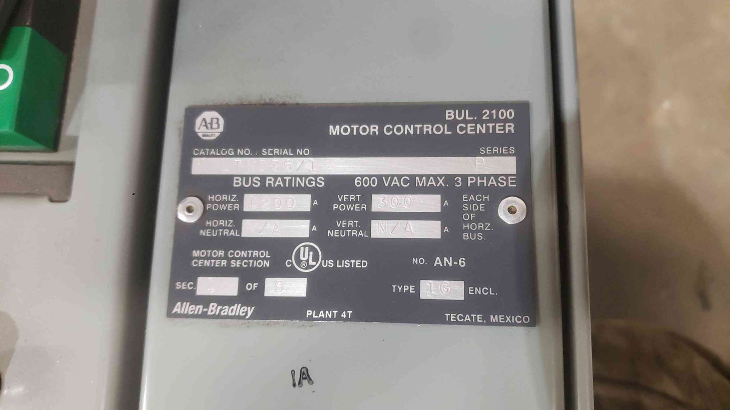 Allen-Bradley 2100 MCC 2-Section 1200A 600V 3PH w/ 6 Buckets Centerline Series (SKU: 112462)