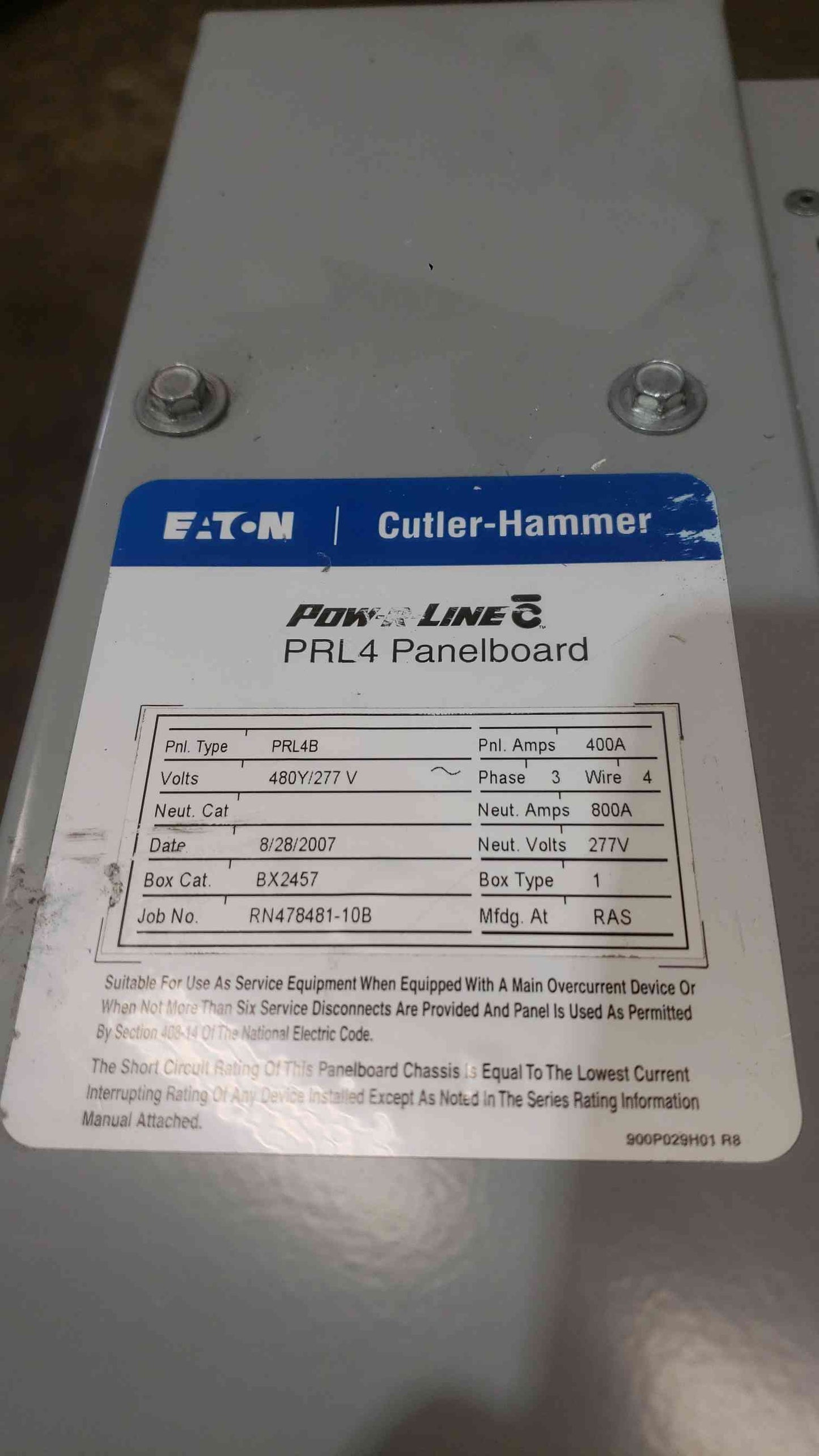 Eaton PRL4B 400A 480V Panelboard 800A Neutral w/ 2x KD3400F 400A Breakers (1 Broken Handle) (SKU: 112499)