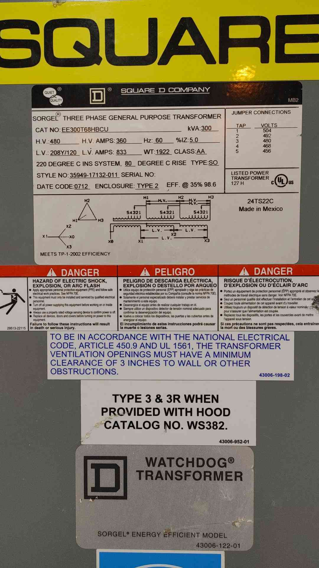 300kVA Square D 833A 480v x 208Y/120V 3PH General Purpose Transformer EE300T68HBCU(SKU: 112523)