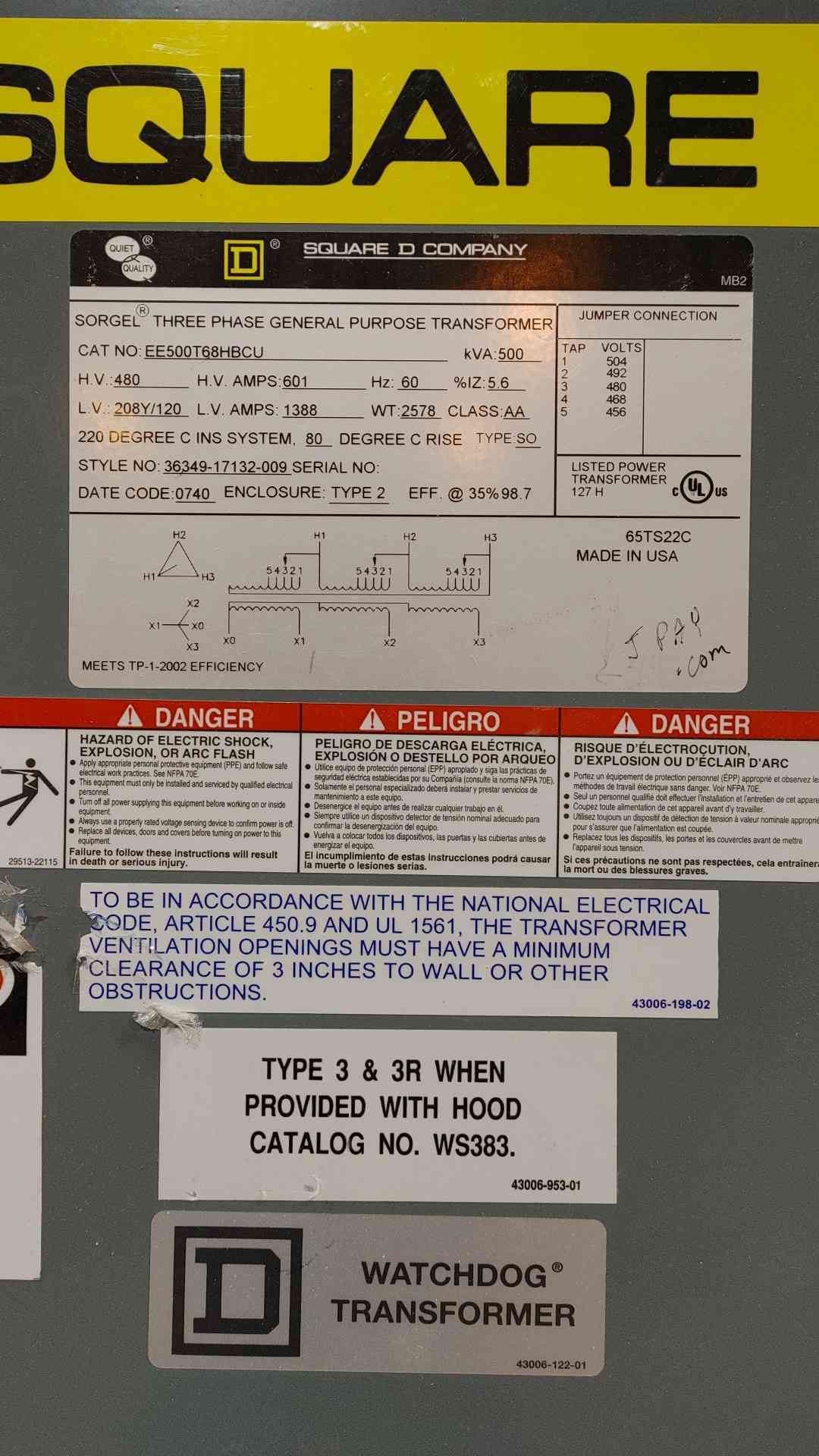 500kVA 1388A 480v x 208Y/120V 3PH General Purpose Dry Type Transformer EE500T68HBCU (SKU: 112524)