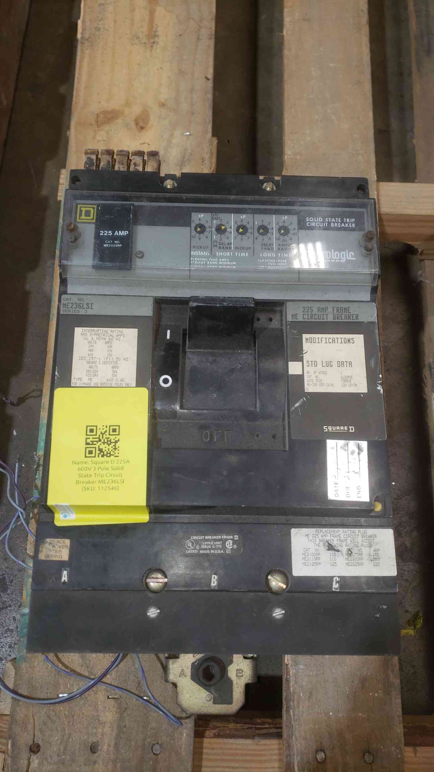 Square D 225A 600V 3 Pole Solid State Trip Circuit Breaker ME236LSI (SKU: 112546)