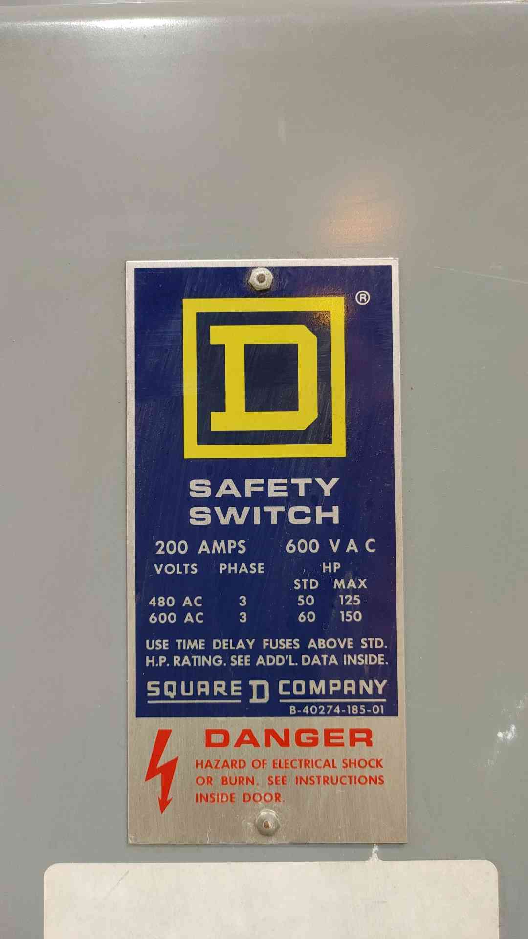 Square D 200A 600VAC 3PH Safety Switch H-364-N(SKU: 112535)