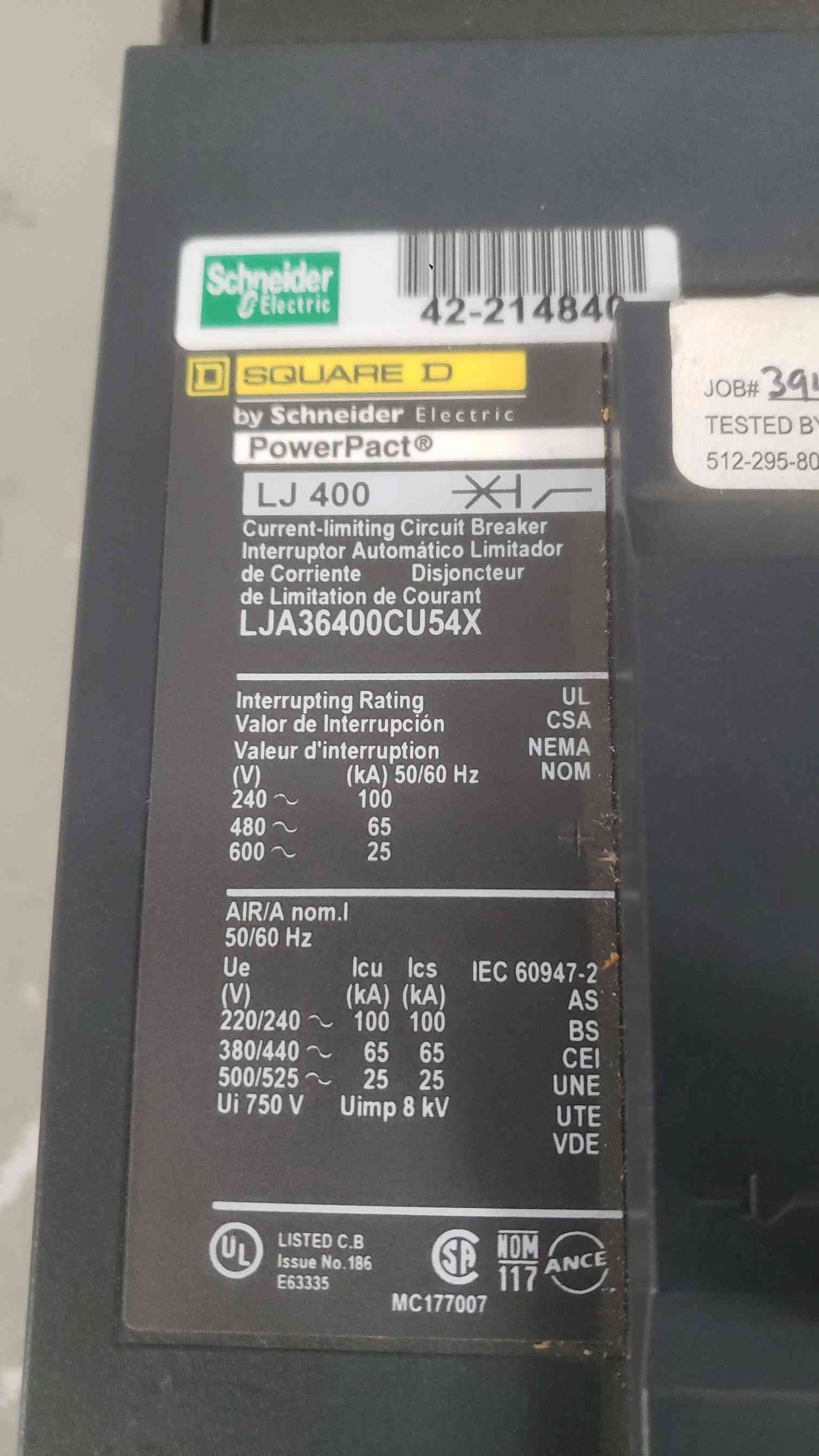 Square D 400A 600VAC 3 Pole Breaker LJA36400CU54X I-Line Bad Trip (SKU: 112536)