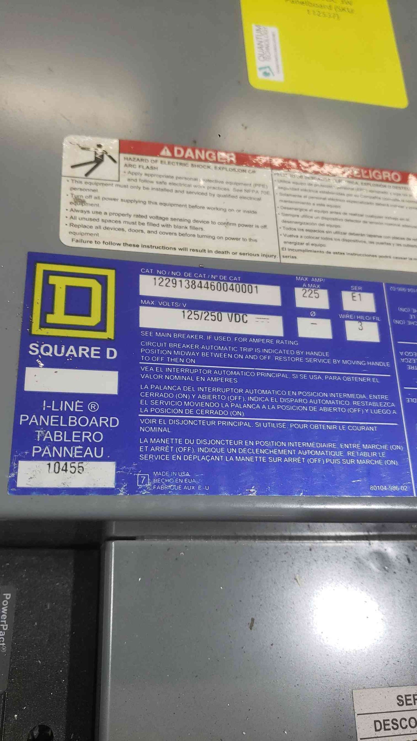 Square D 225A 208/250/250V Max 3W Panelboard 11 Breakers (SKU: 112537)