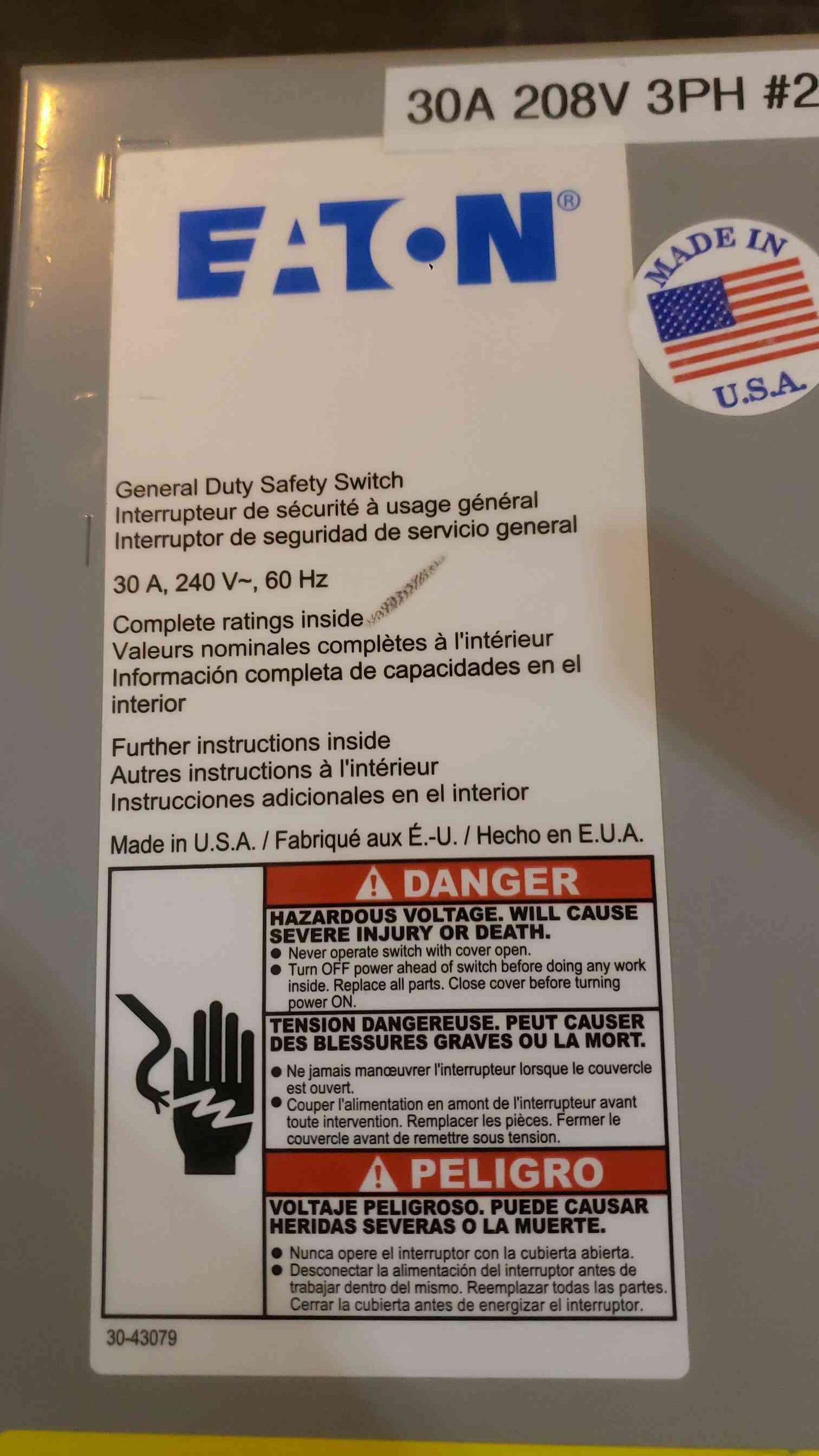 EATON 30A 240V~ General Duty Safety Switch DG321NGB (SKU: 112567)