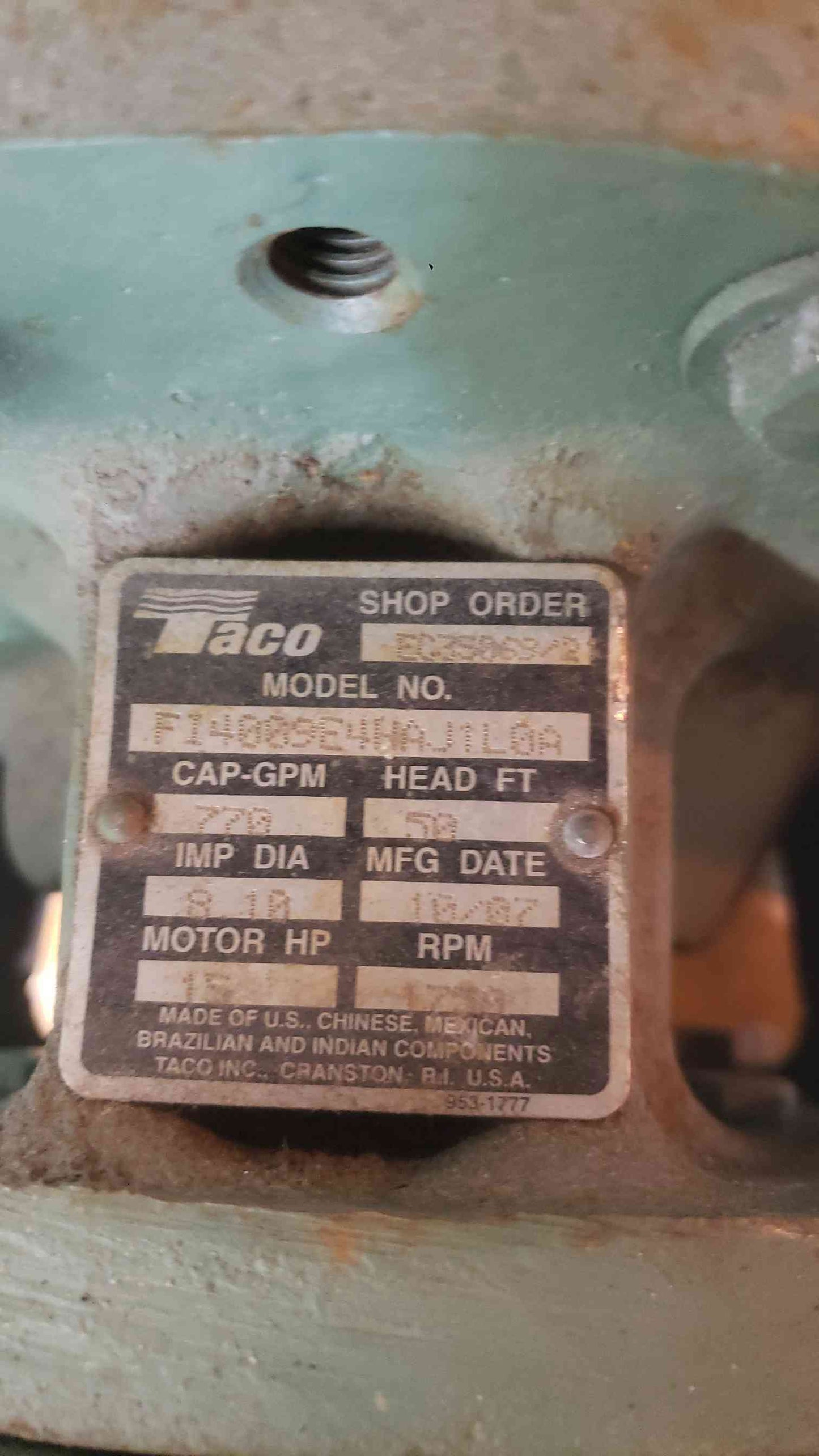 TACO 25HP 1750RPM Motor Driven Pump F14009E4HAJ1L0A (SKU: 112574)