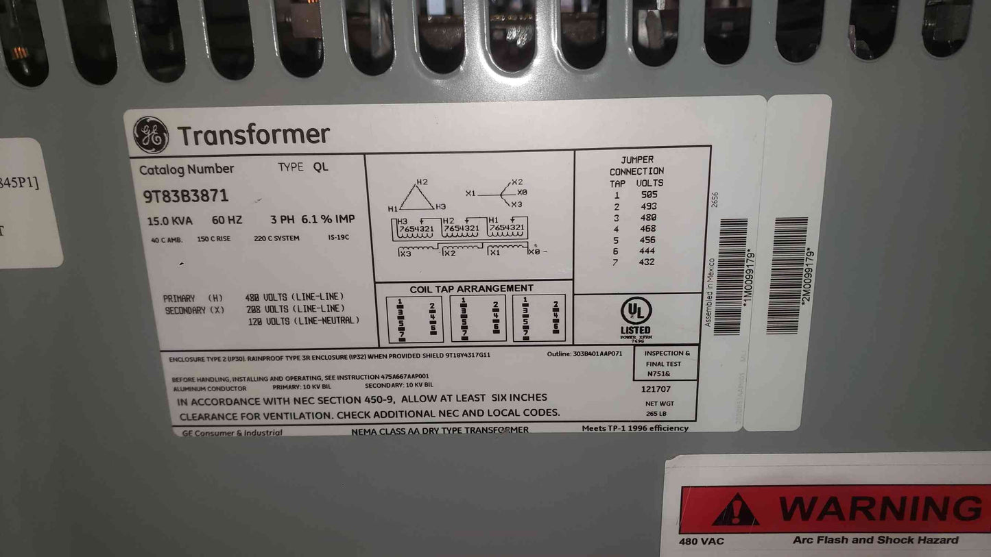 GE 15KVA 480-208/120 3PH Transformer 9T83B3871 (SKU: 112591)
