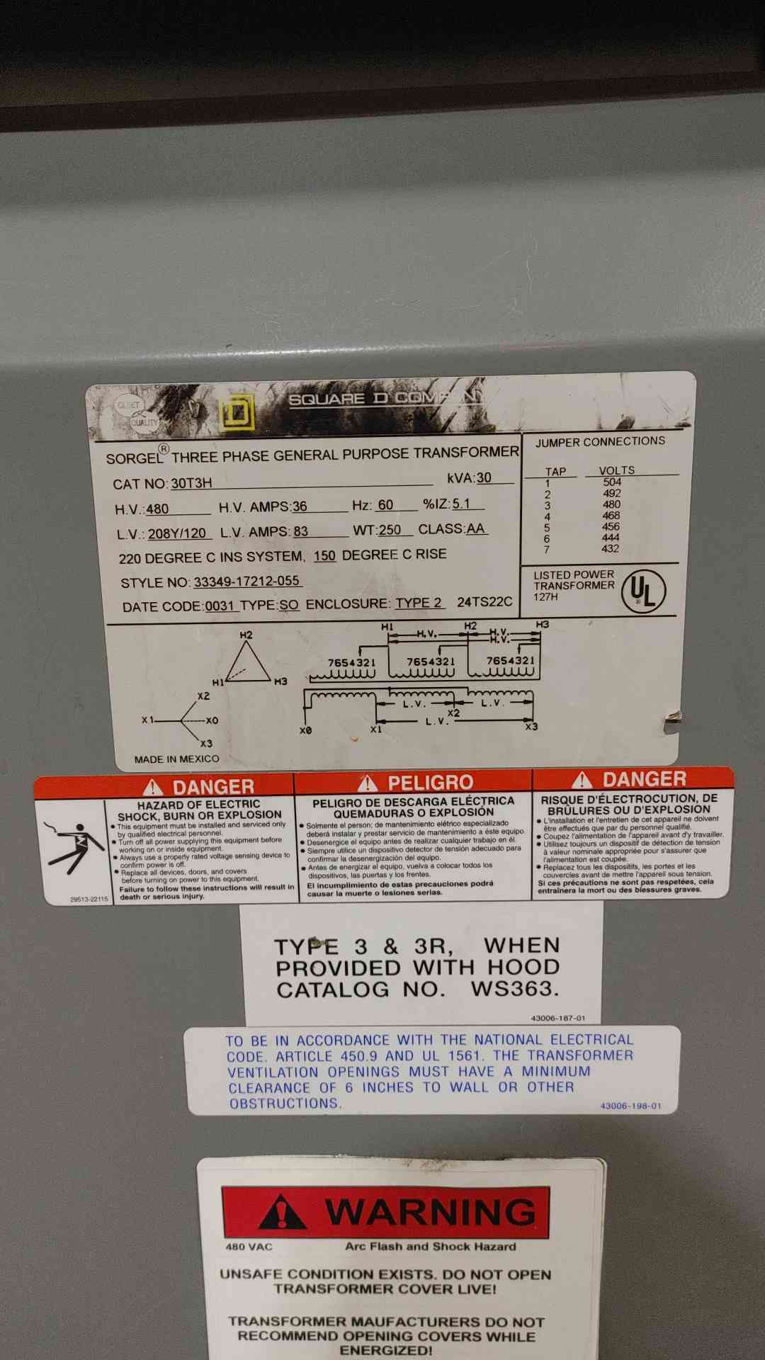 30kVA Square D 83A 480-208Y/120V 3PH General Purpose Transformer(SKU: 112592)