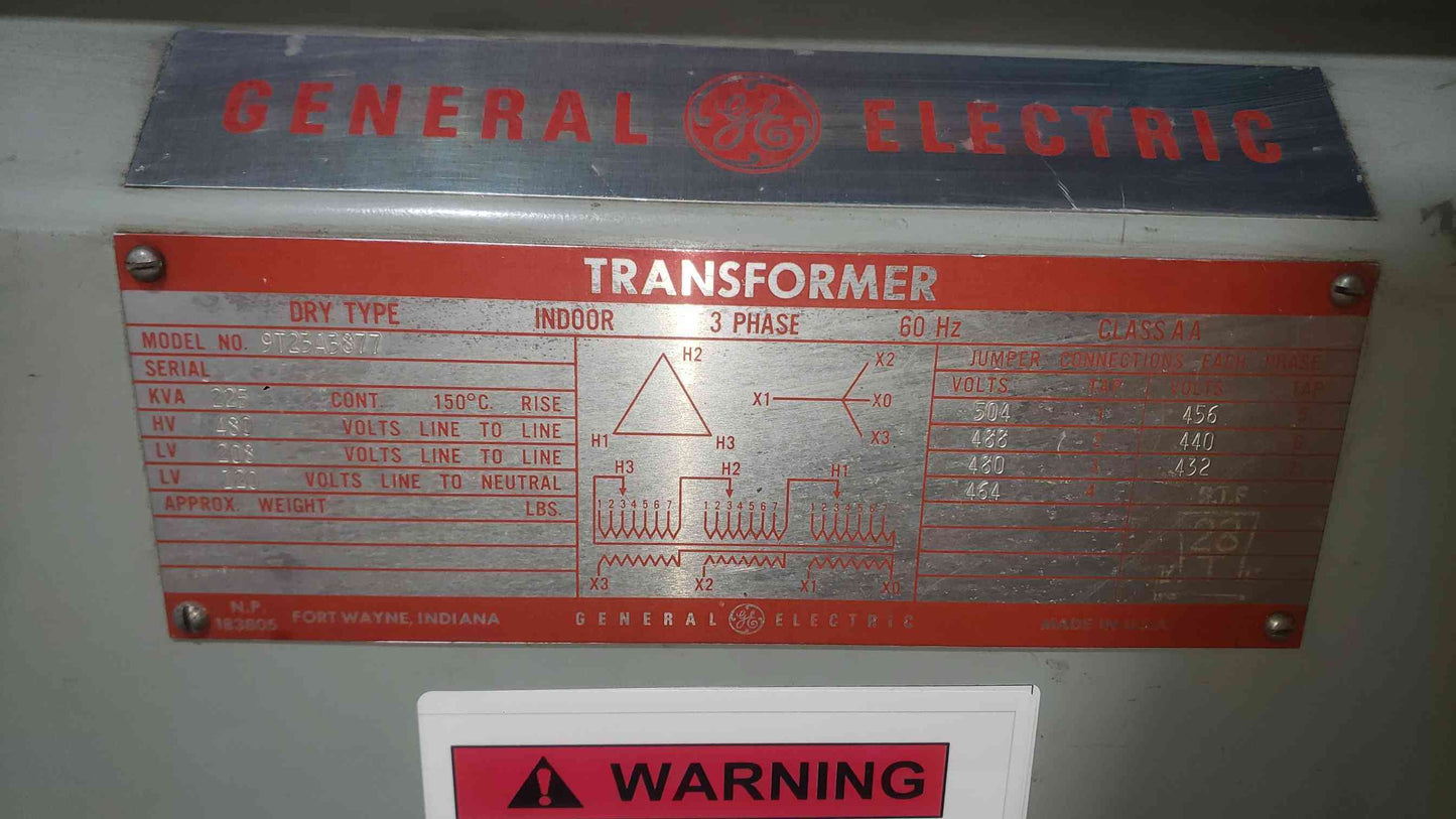 GE 225KVA 480-208/120 3PH Class AA Transformer 9T23A3877 (SKU: 112594)