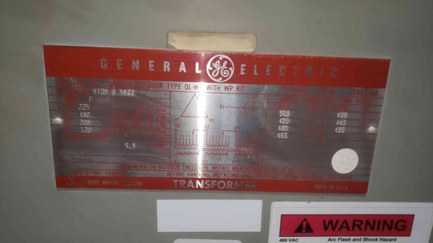 GE 225KVA 480-208/120 Indoor/Outdoor Transformer 9T23 B 3877 (SKU: 112596)